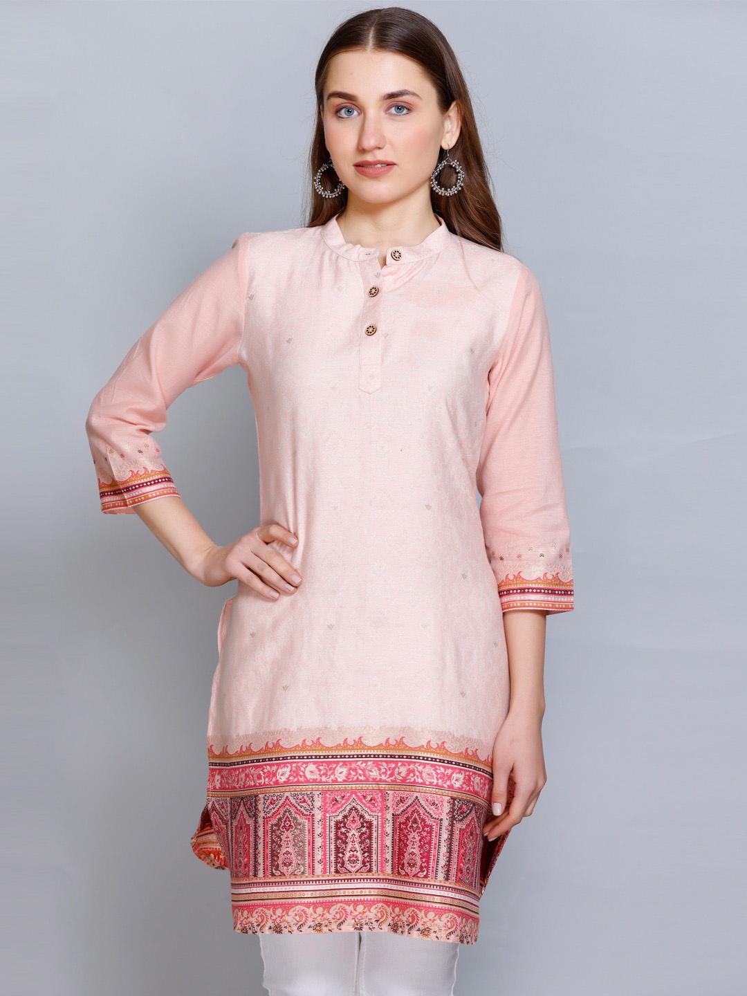

KIDAR Woven Design Mandarin Collar Pastel Straight Kurta, White
