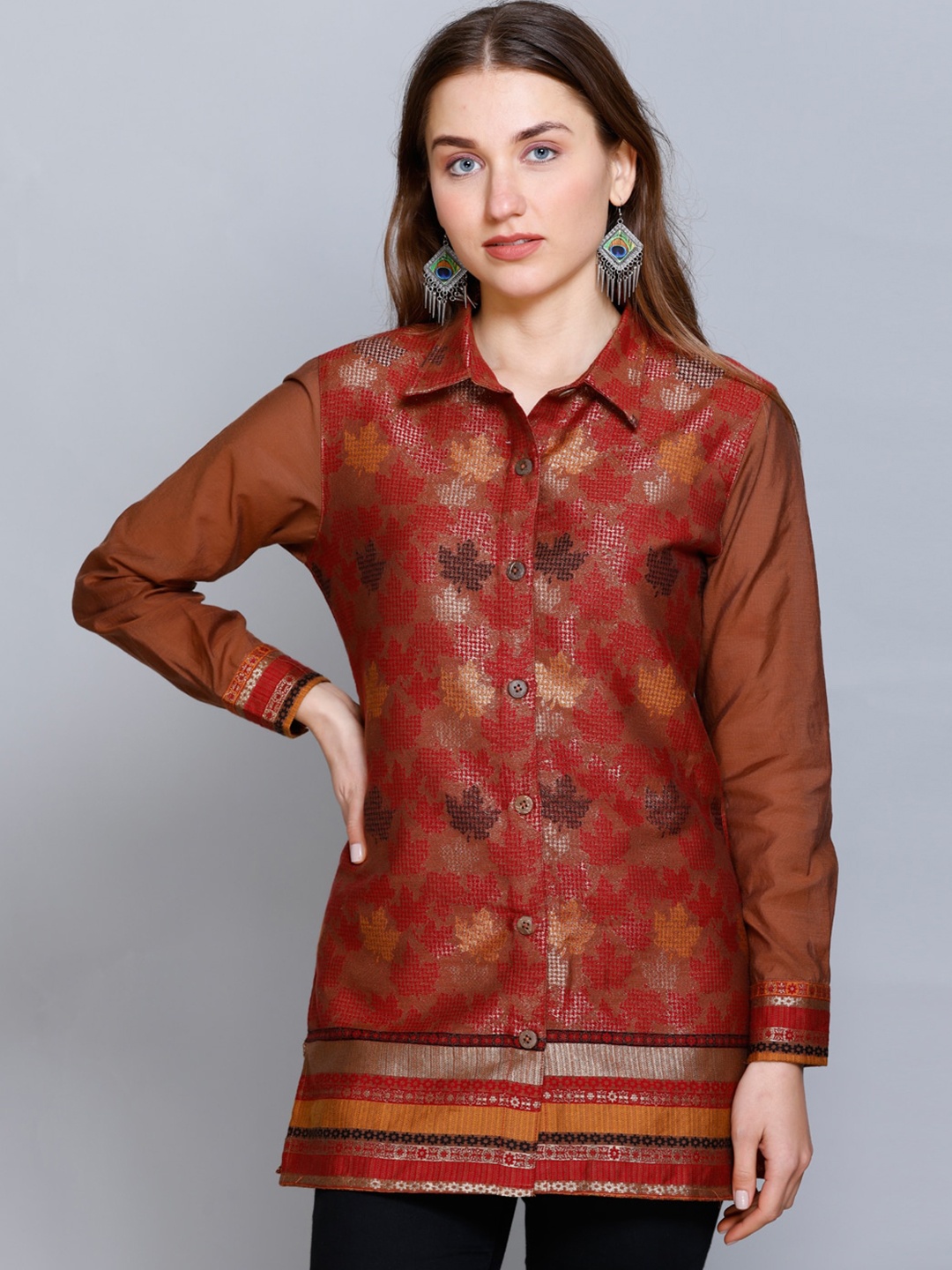 

KIDAR Ethnic Motifs Woven Design Shirt Collar Cotton Silk Ethnic Tunic, Brown