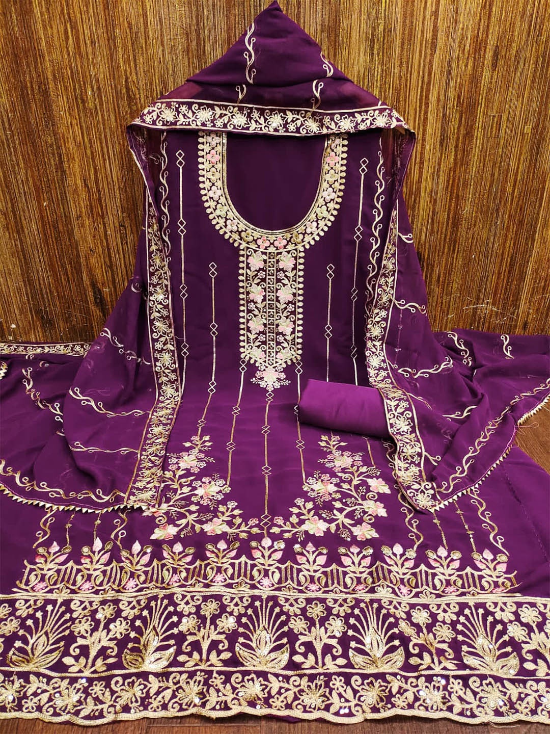 

ZEEPKART Floral Embroidered Unstitched Dress Material, Purple