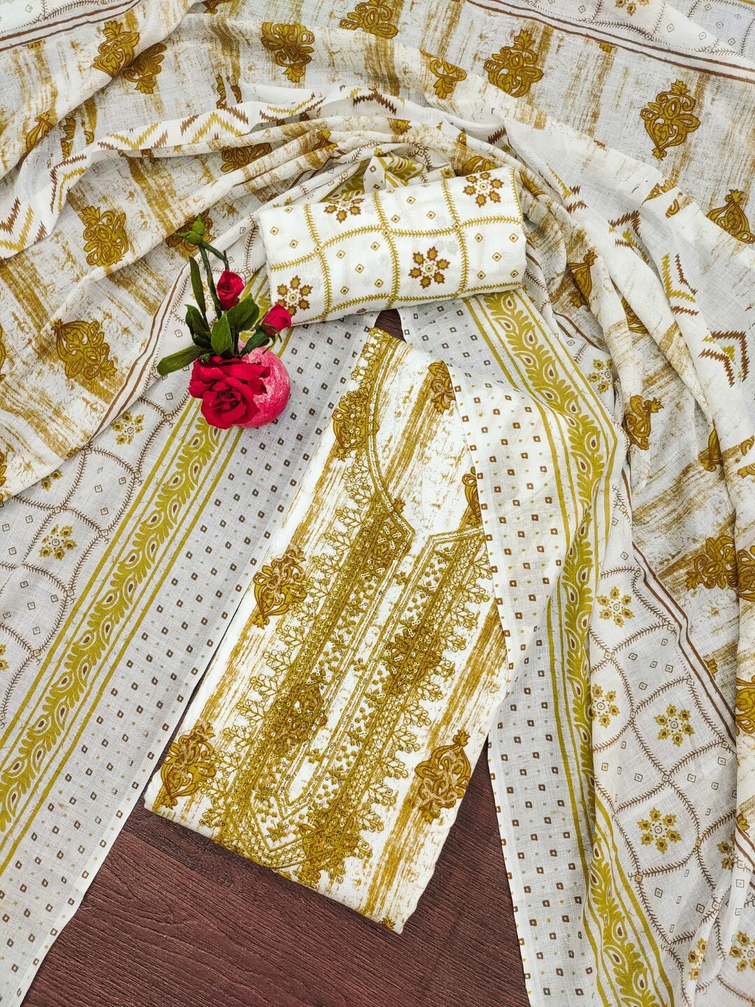 

ZEEPKART Floral Embroidered Jute Cotton Unstitched Dress Material, Mustard