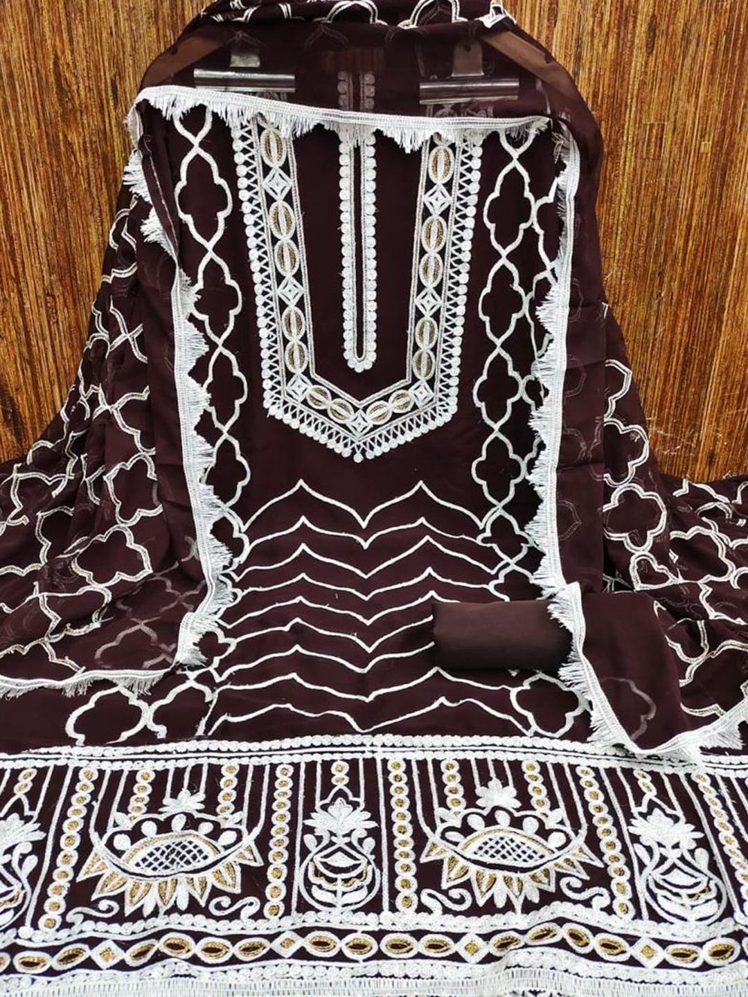 

ZEEPKART Floral Embroidered Unstitched Dress Material, Brown