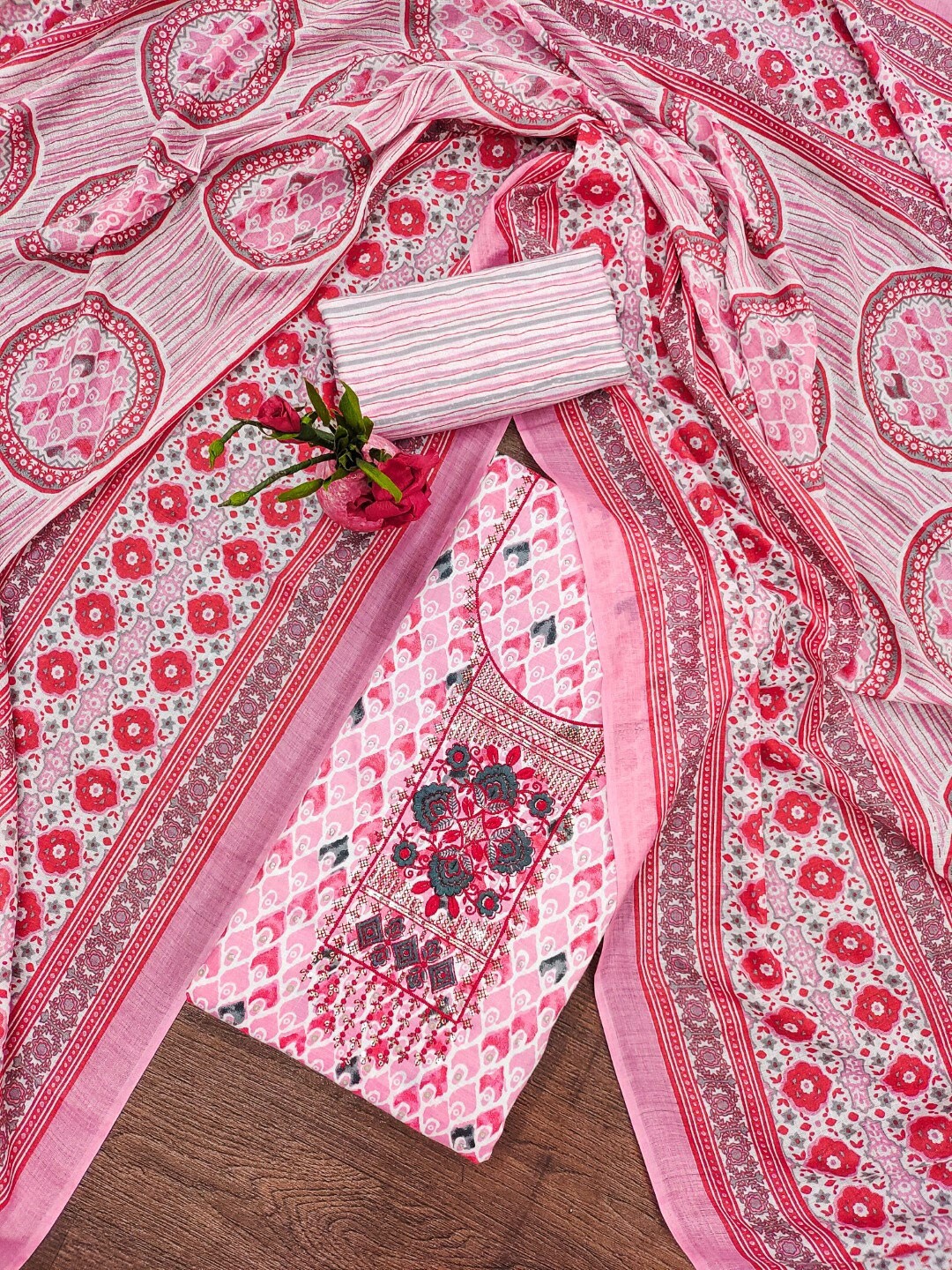 

ZEEPKART Floral Embroidered Jute Cotton Unstitched Dress Material, Pink