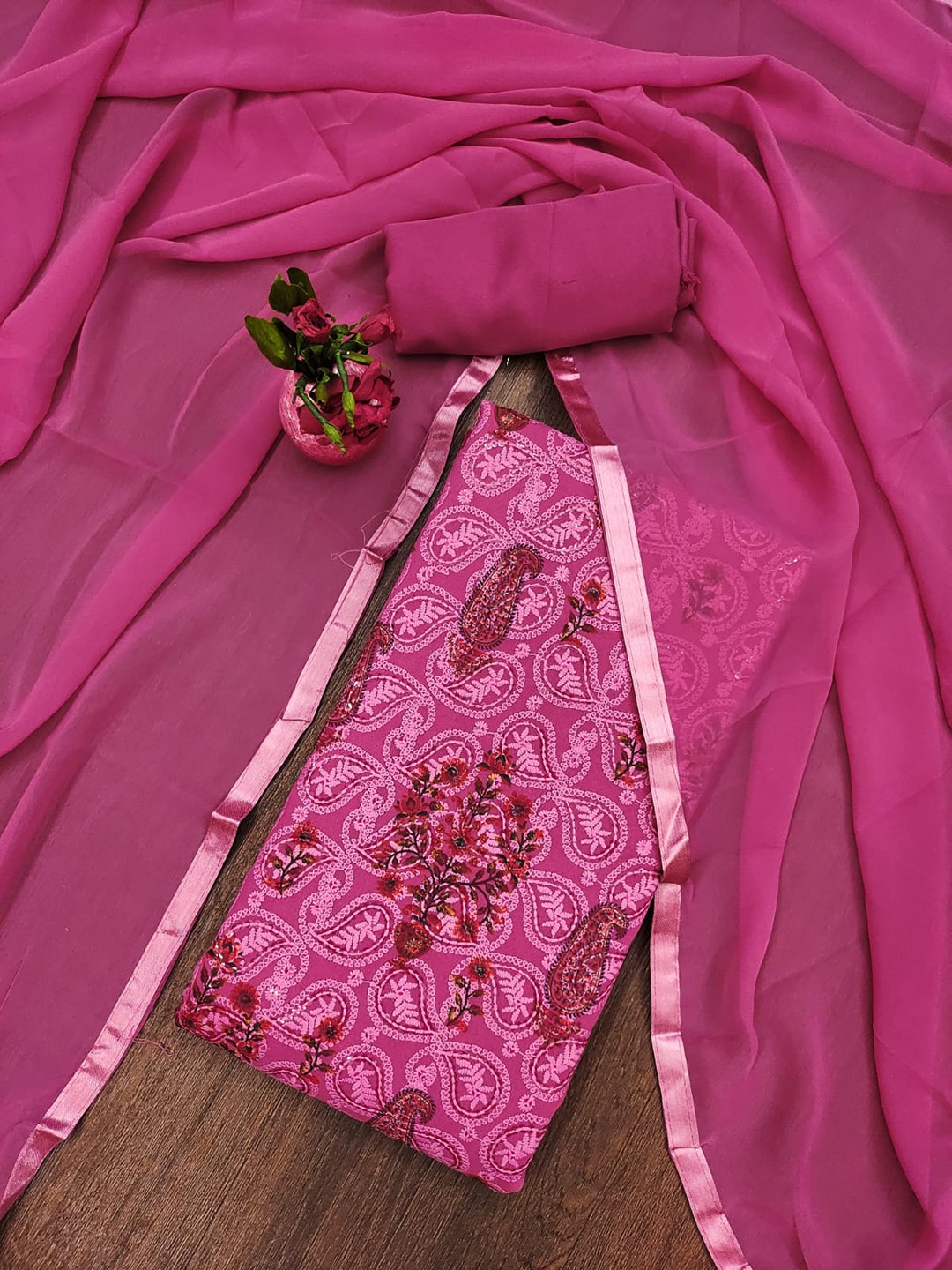 

ZEEPKART Paisley Embroidered Unstitched Dress Material, Pink