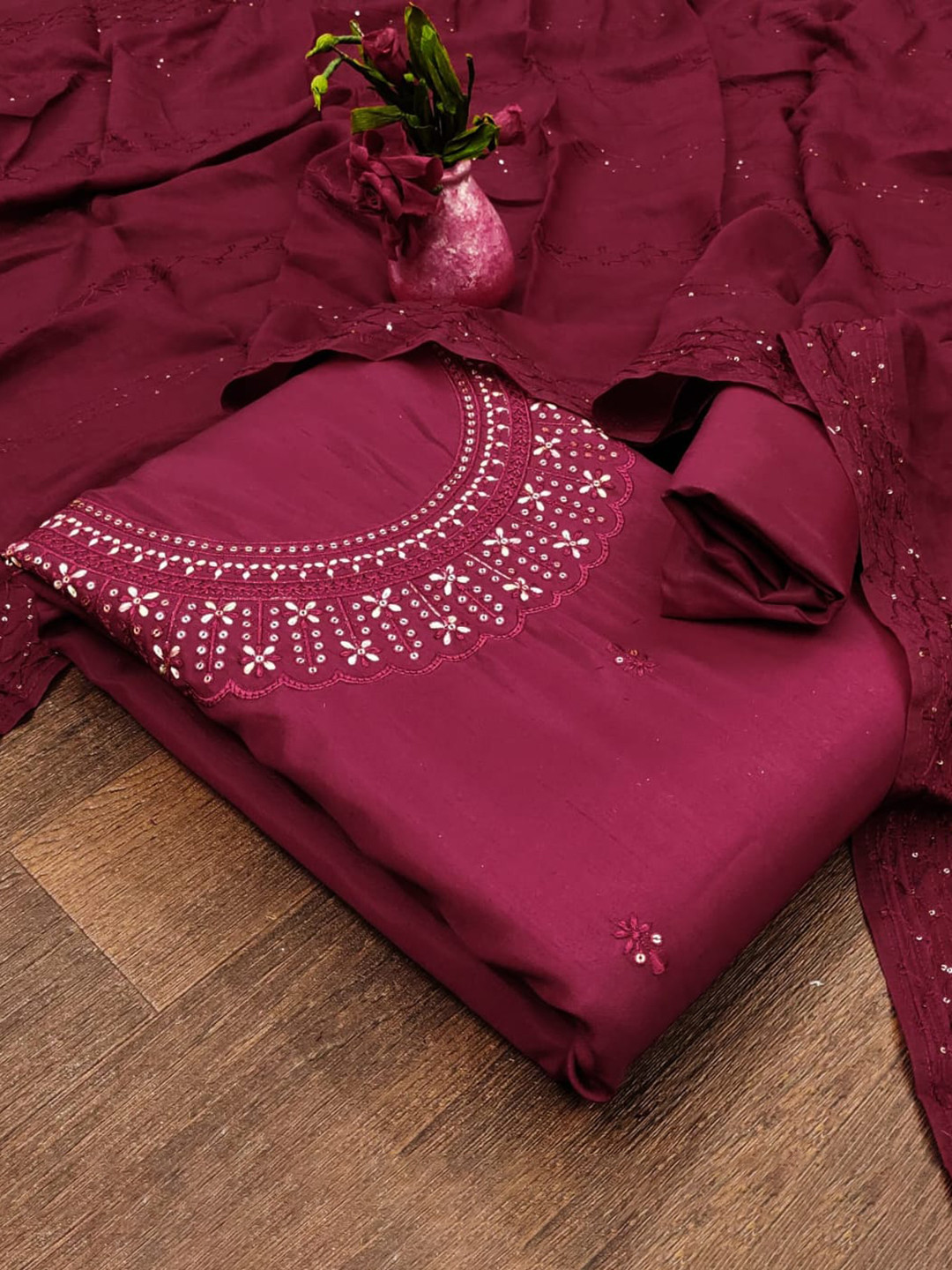 

ZEEPKART Embellished Jute Cotton Unstitched Dress Material, Fuchsia