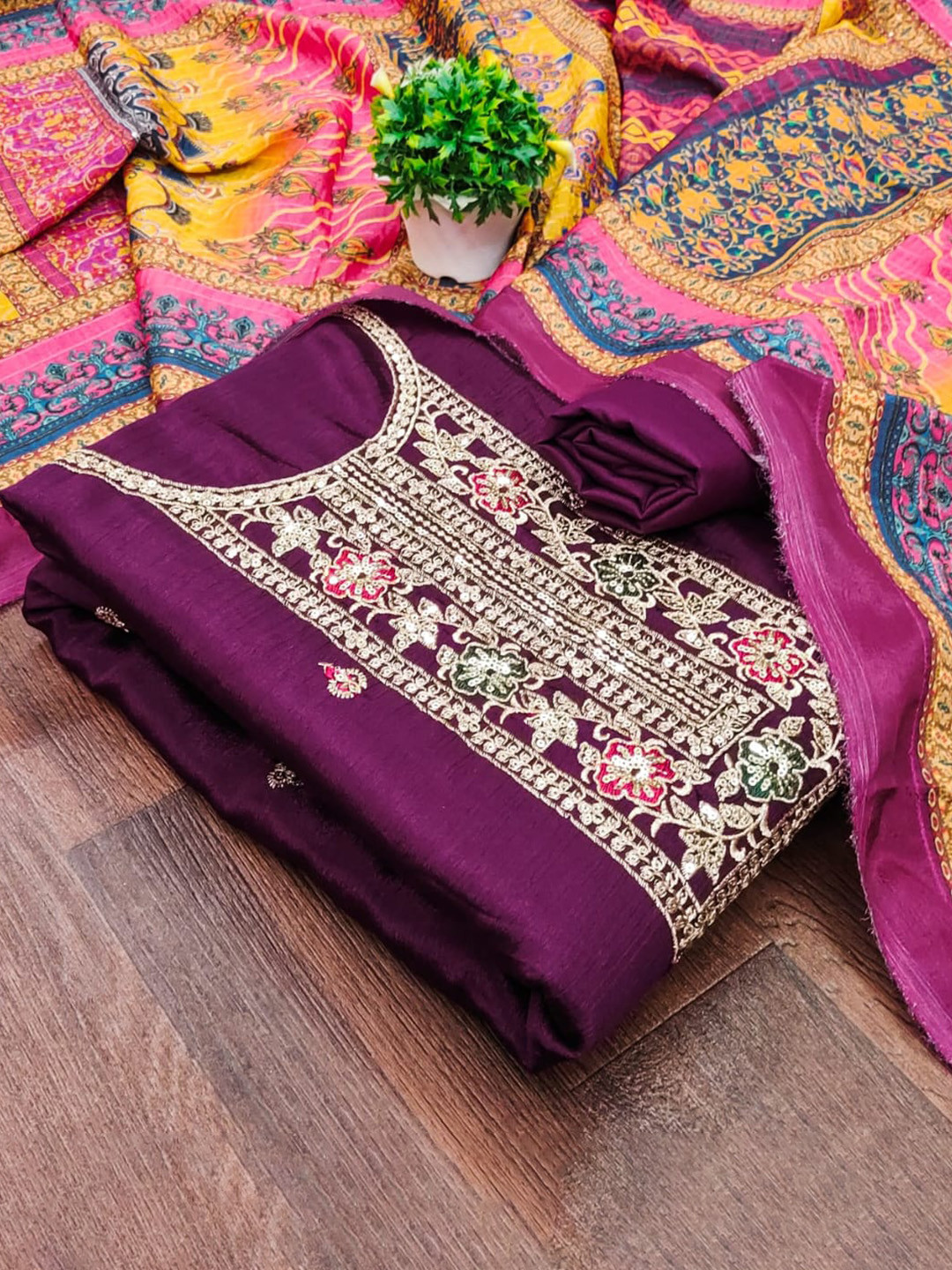 

ZEEPKART Floral Embroidered Sequinned Unstitched Dress Material, Purple