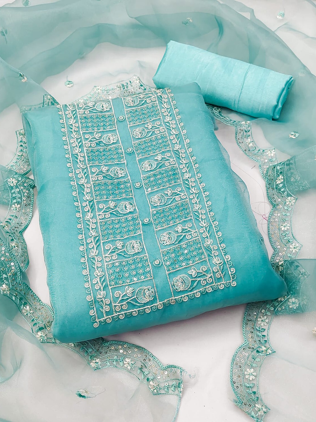 

ZEEPKART Floral Embroidered Sequinned Unstitched Dress Material, Turquoise blue
