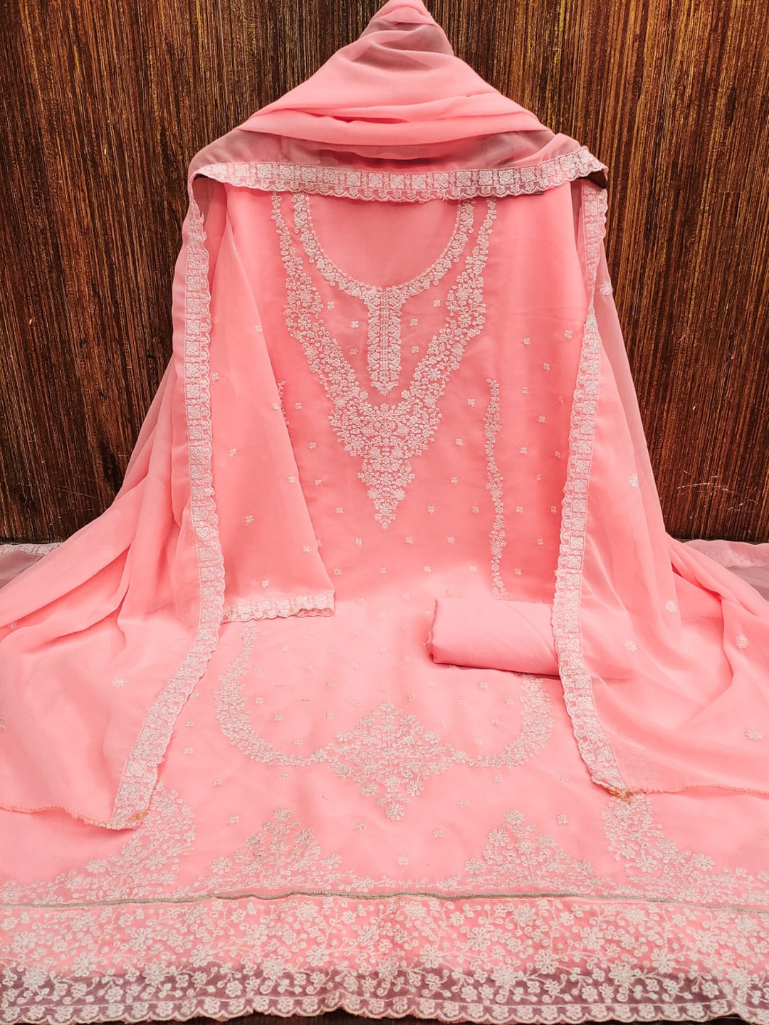 

ZEEPKART Floral Embroidered Sequinned Unstitched Dress Material, Pink
