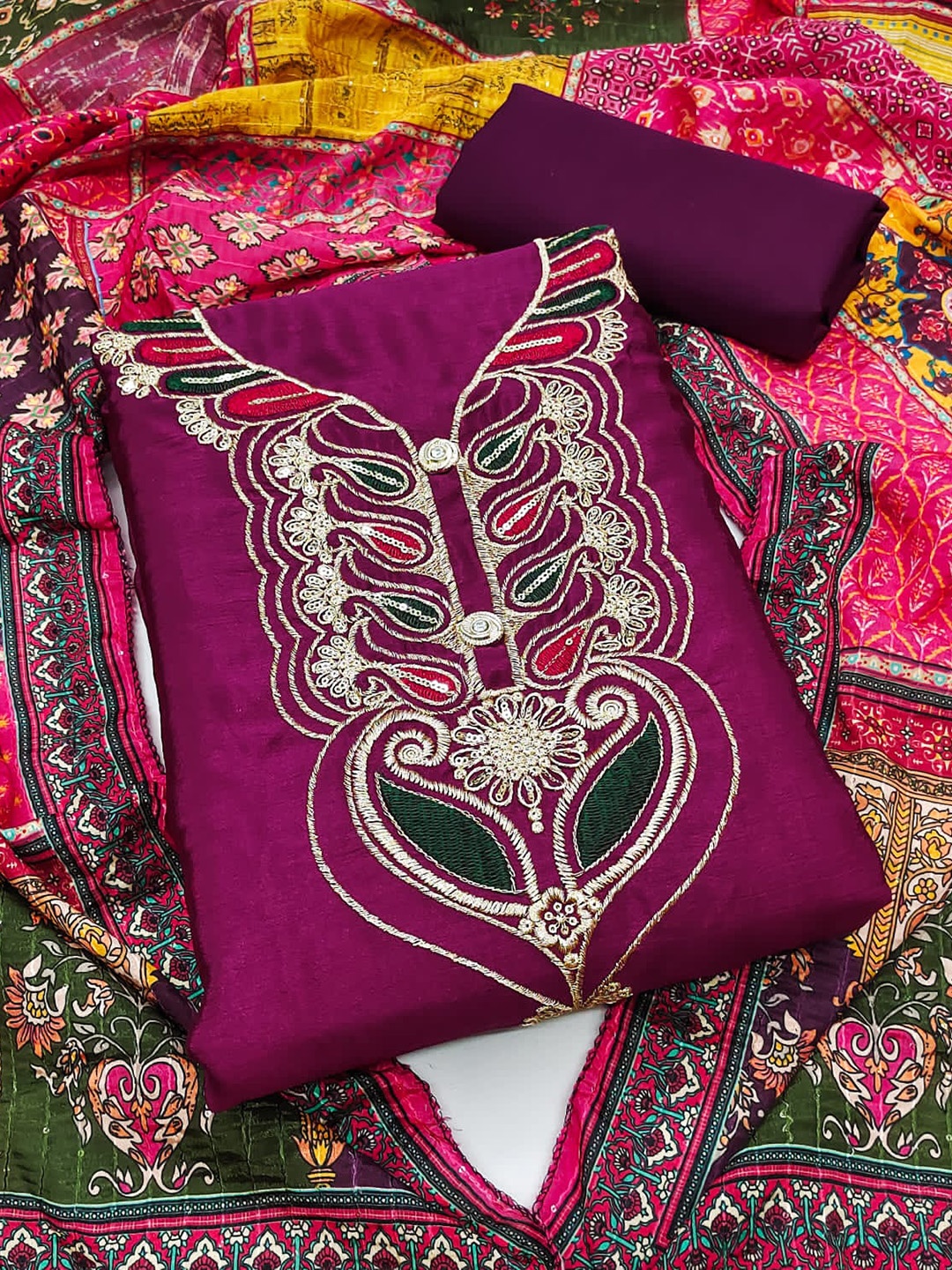 

ZEEPKART Paisley Embroidered Zari Unstitched Dress Material, Purple