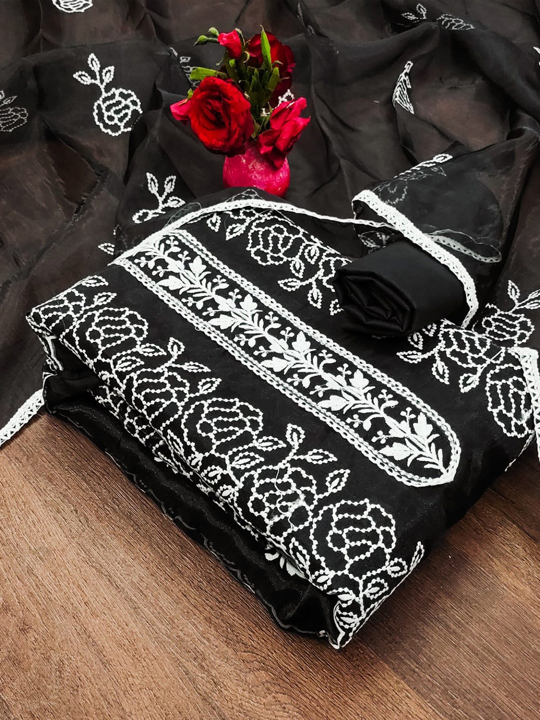

ZEEPKART Floral Embroidered Unstitched Dress Material, Black