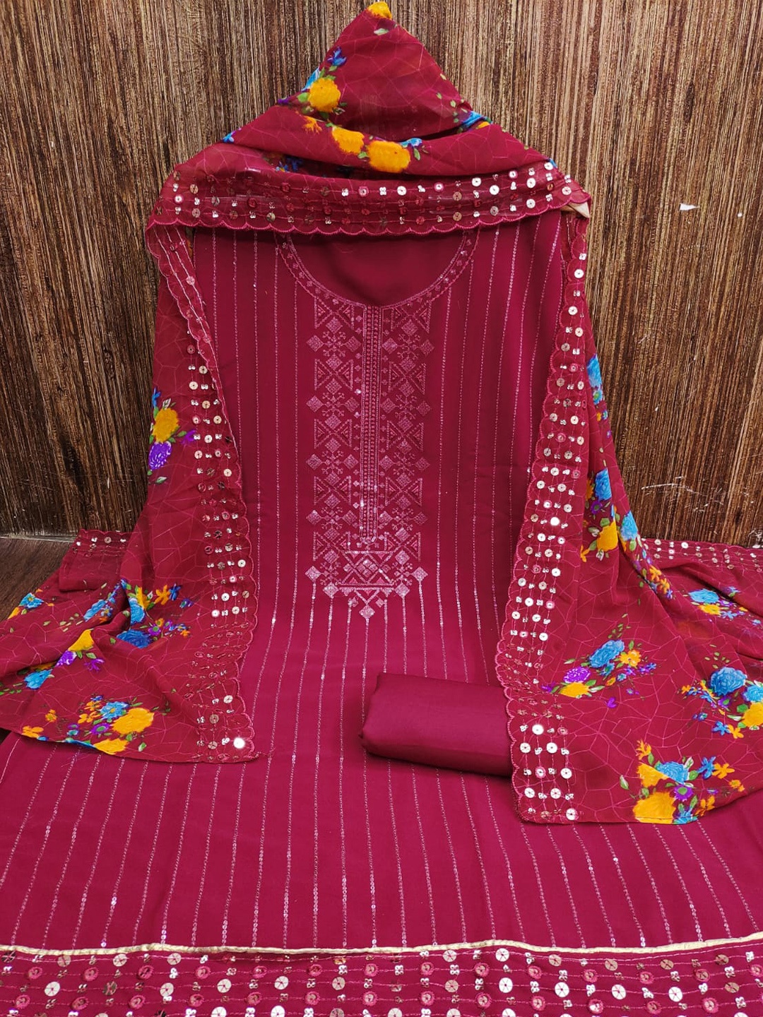 

ZEEPKART Ethnic Motifs Embroidered Sequinned Unstitched Dress Material, Red