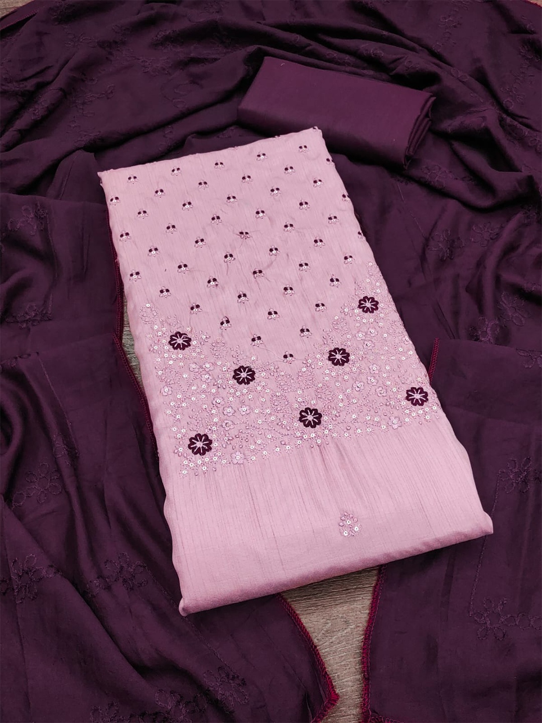 

ZEEPKART Ethnic Motifs Embroidered Sequinned Unstitched Dress Material, Purple