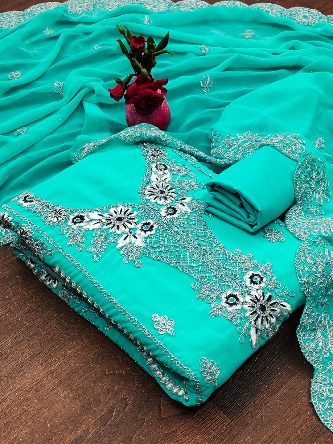 

ZEEPKART Floral Embroidered Zari Work Unstitched Dress Material, Turquoise blue