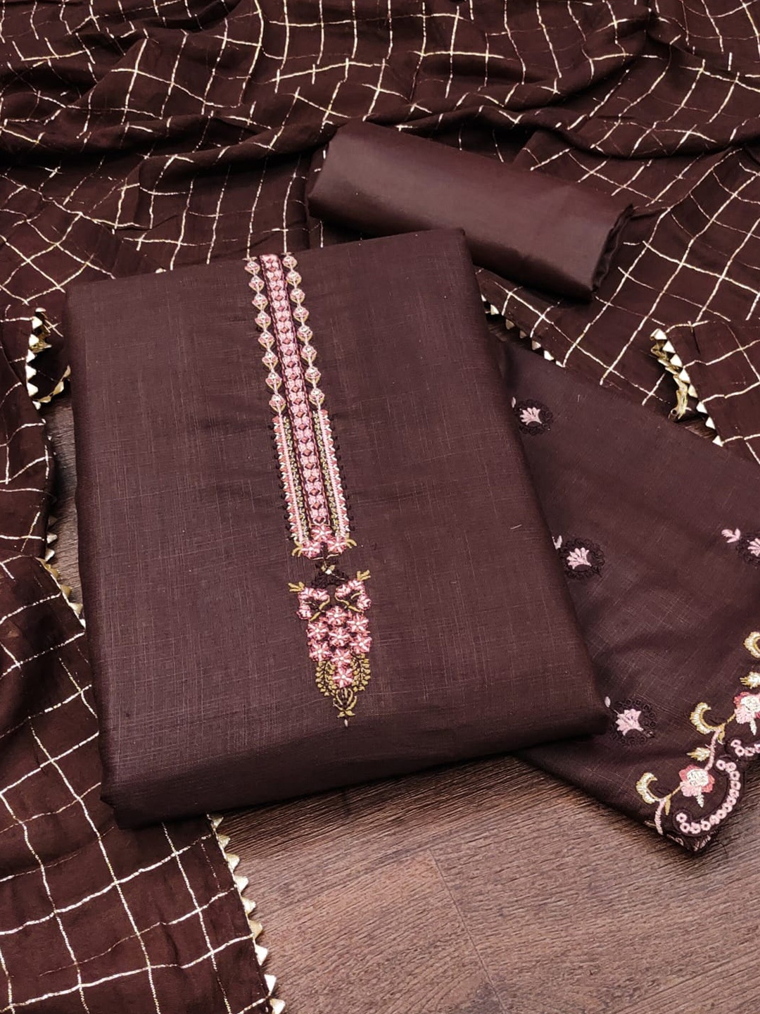 

ZEEPKART Ethnic Motifs Embroidered Jute Cotton Unstitched Dress Material, Brown