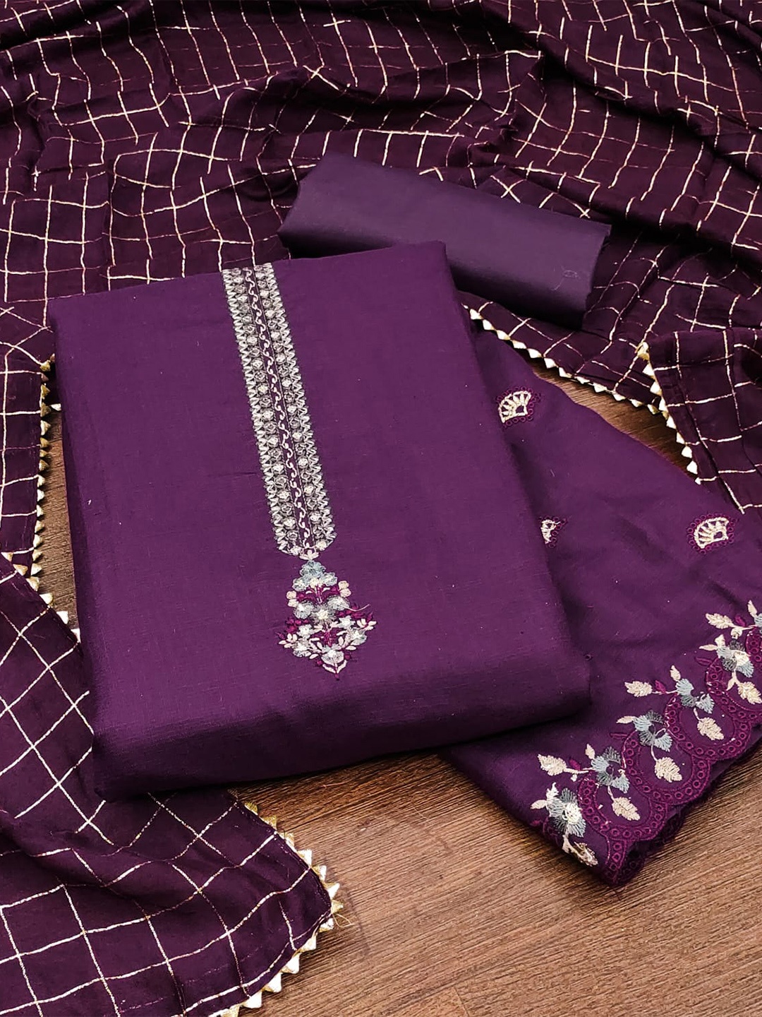 

ZEEPKART Embroidered Jute Cotton Unstitched Dress Material, Purple