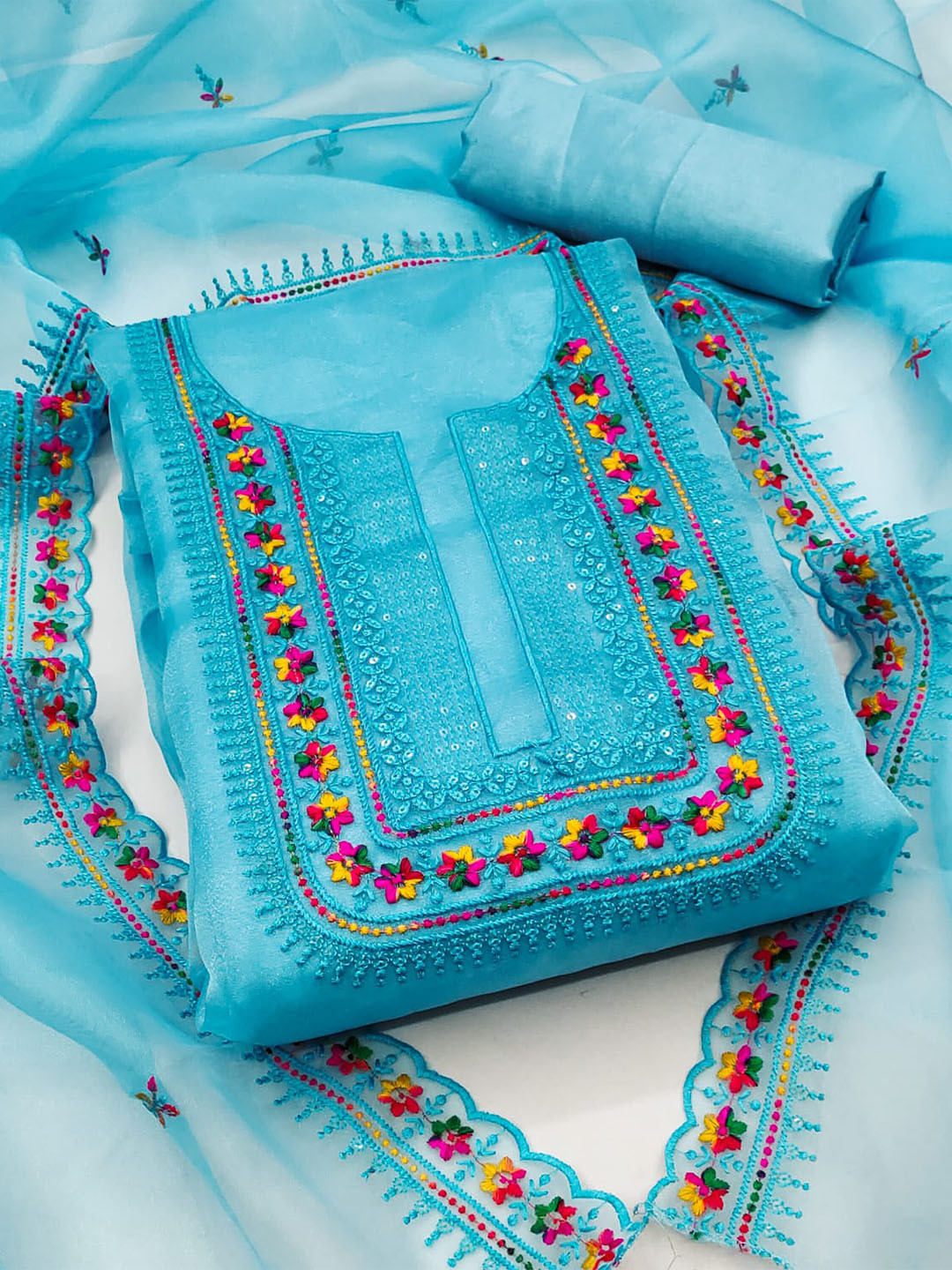 

ZEEPKART Embroidered Organza Unstitched Dress Material, Turquoise blue