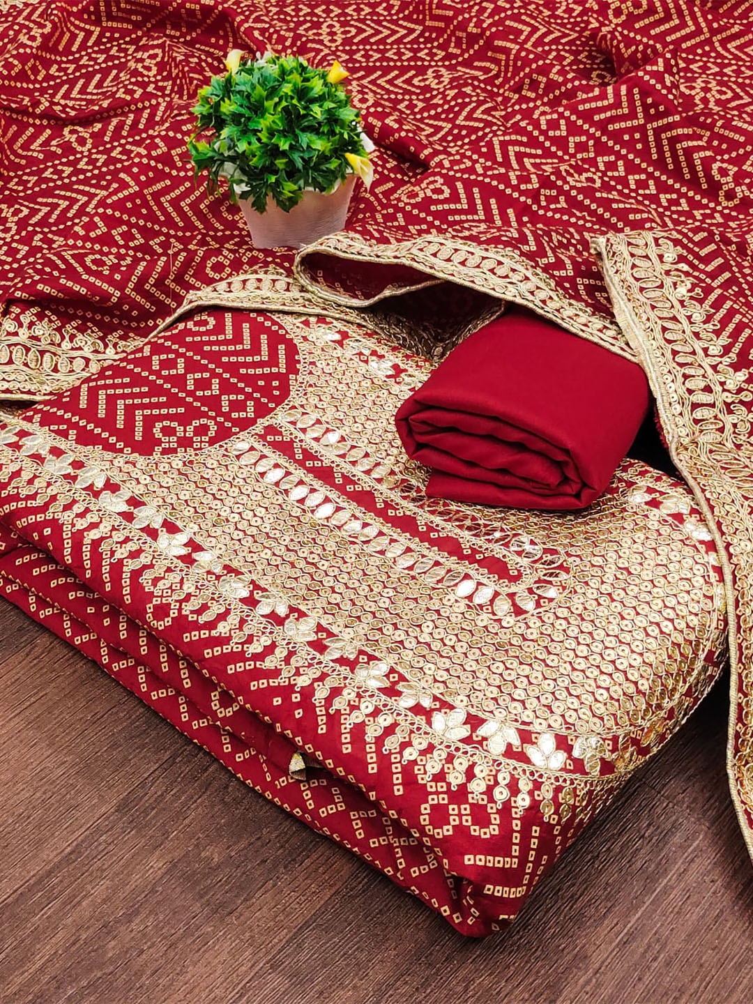 

ZEEPKART Bandhani Printed Unstitched Dress Material, Red