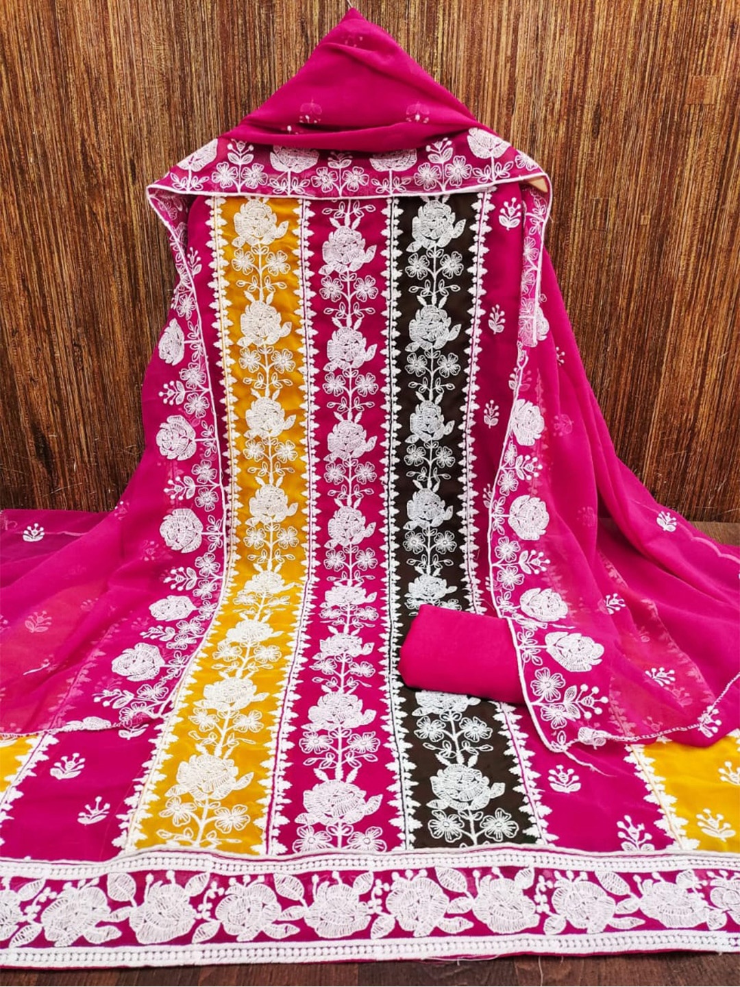 

ZEEPKART Floral Embroidered Unstitched Dress Material, Red