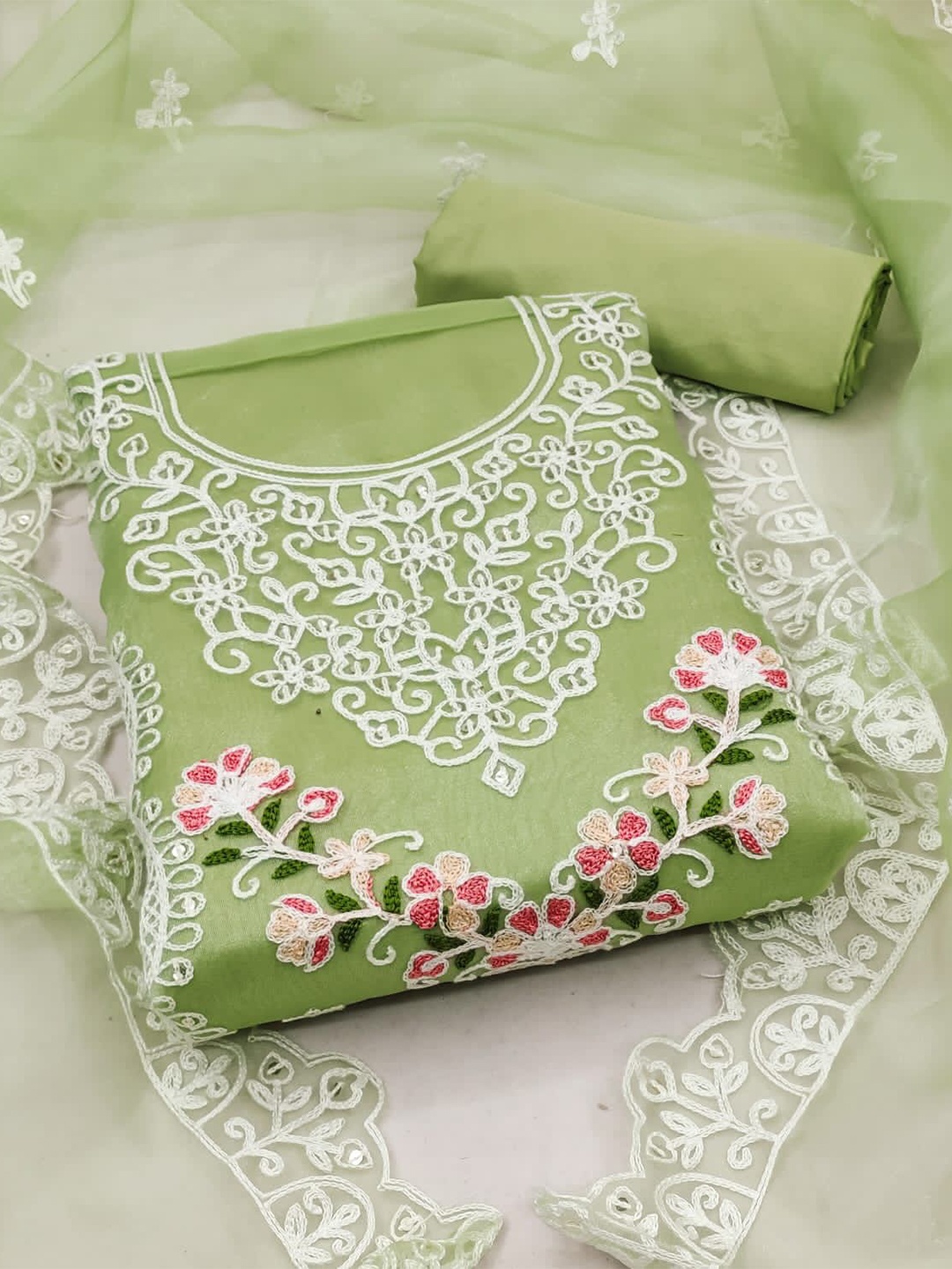 

ZEEPKART Floral Embroidered Organza Unstitched Dress Material, Green