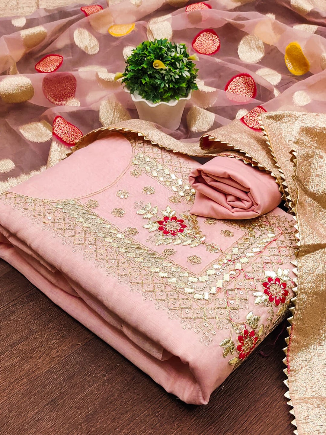 

ZEEPKART Embroidered Unstitched Dress Material, Pink