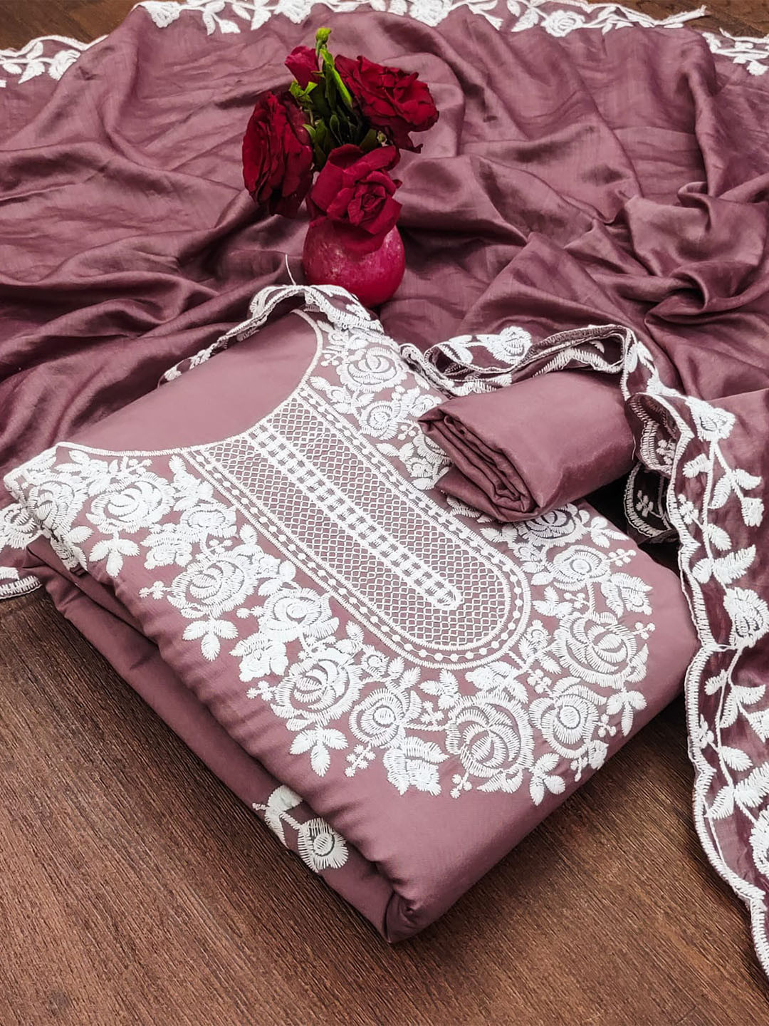 

ZEEPKART Floral Embroidered Unstitched Dress Material, Pink