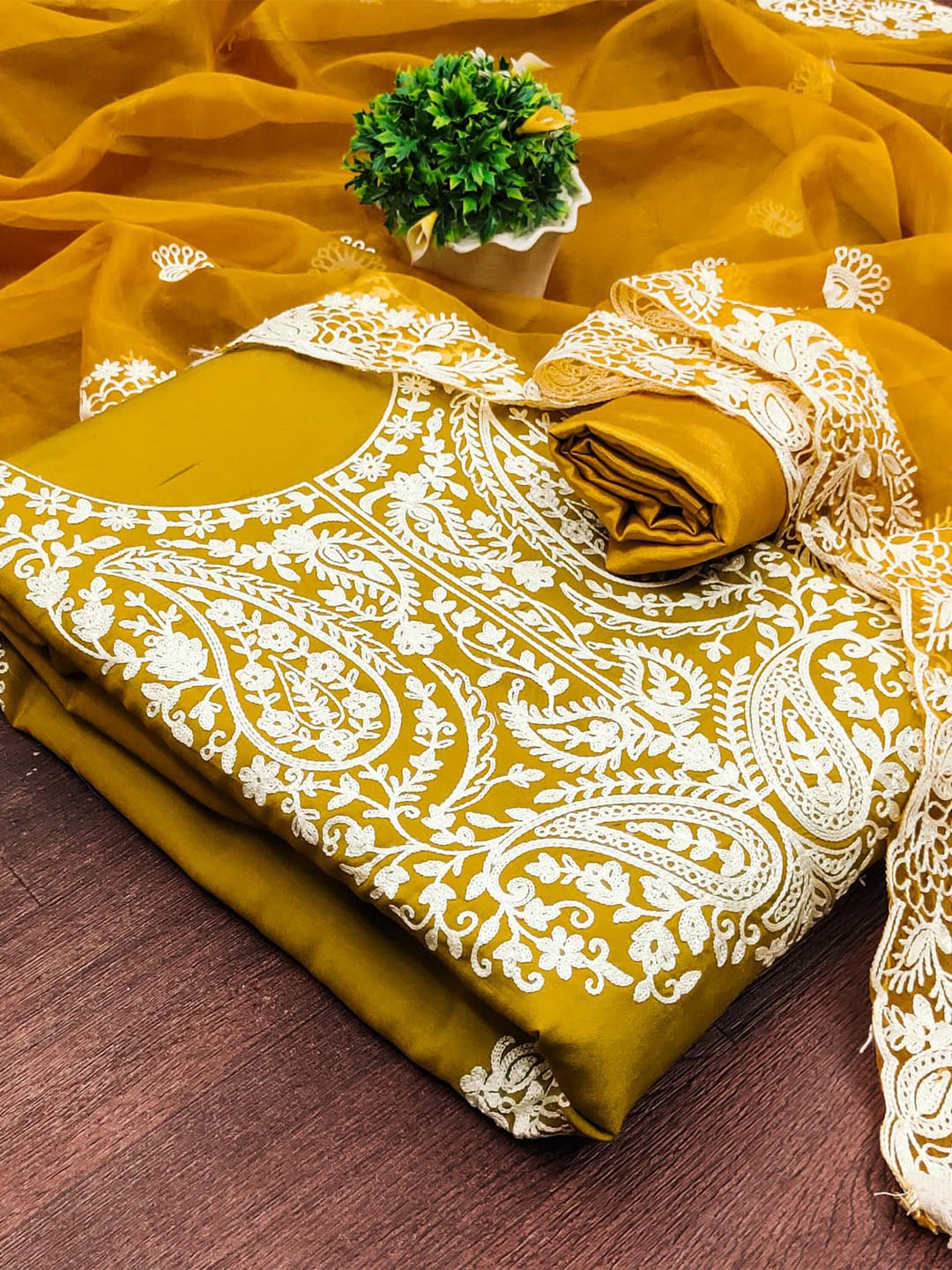 

ZEEPKART Ethnic Motifs Embroidered Unstitched Dress Material, Gold
