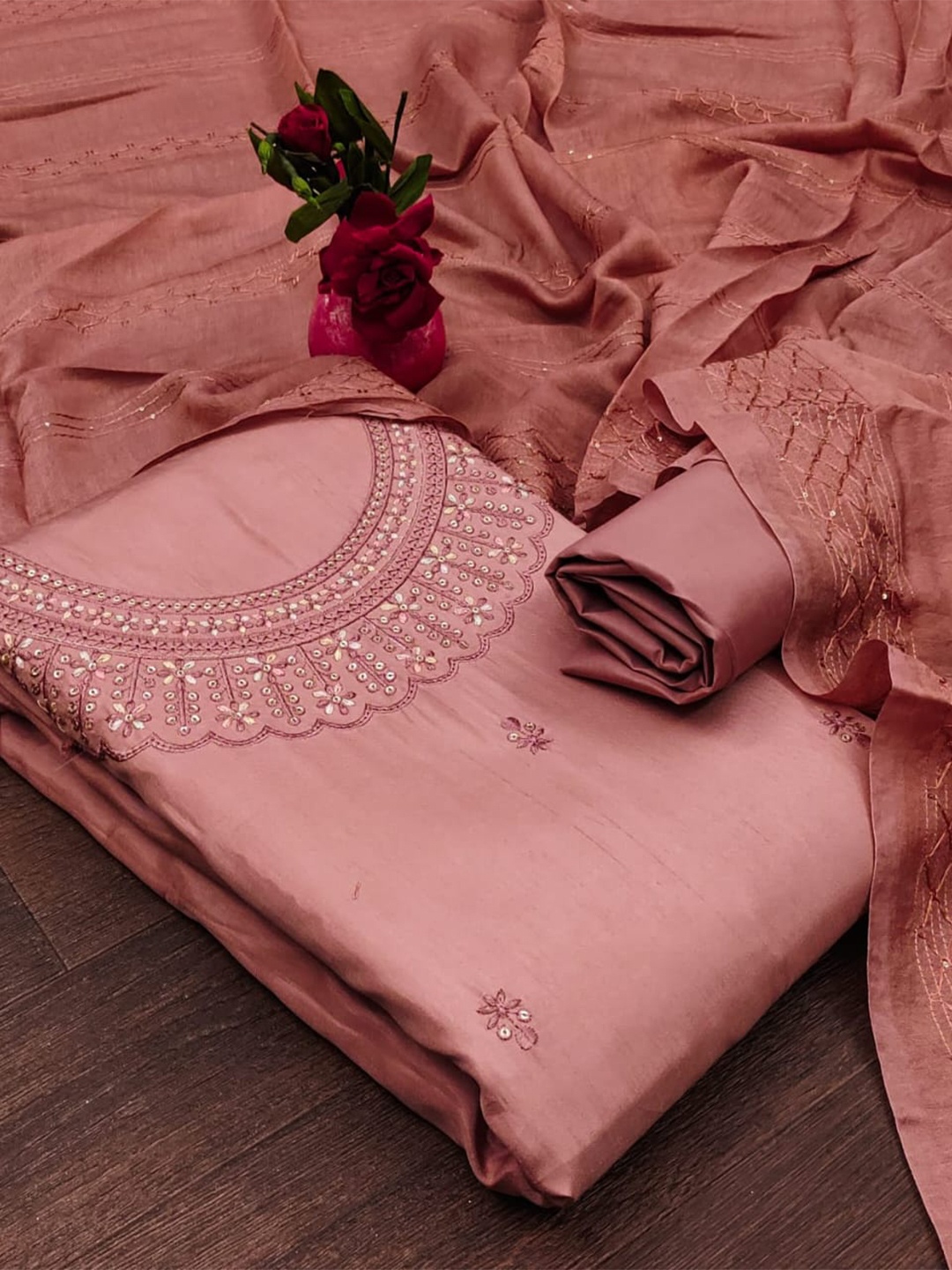 

ZEEPKART Embroidered Jute Cotton Unstitched Dress Material, Pink