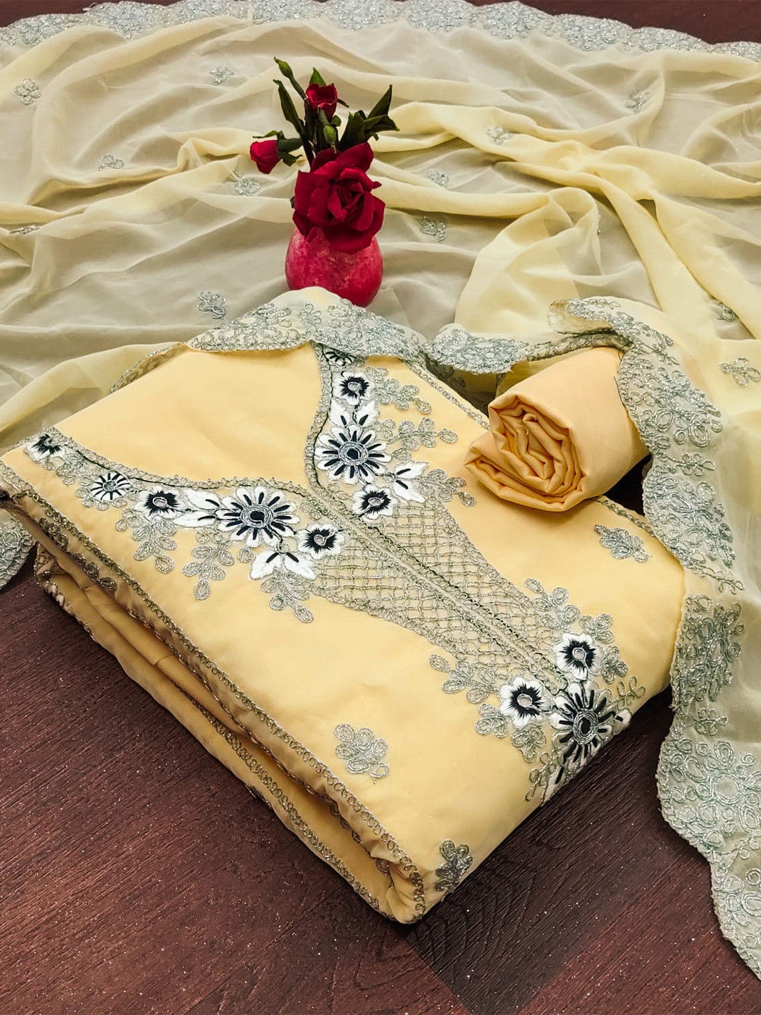 

ZEEPKART Embroidered Unstitched Dress Material, Yellow
