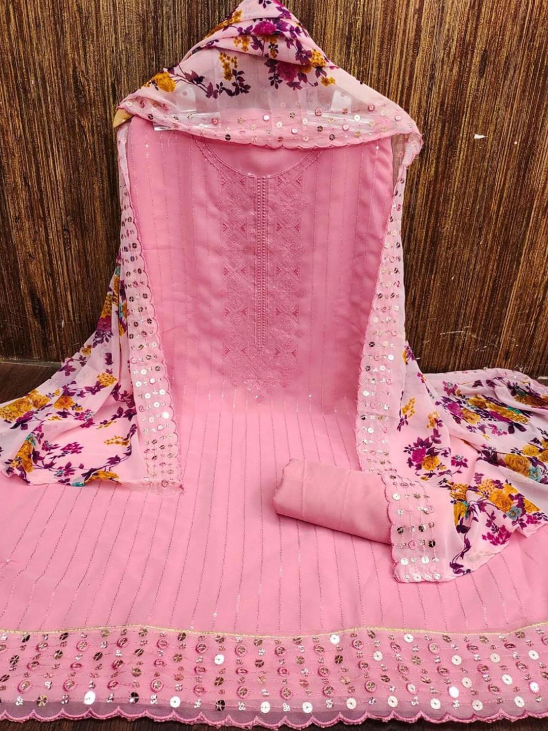 

ZEEPKART Embroidered Unstitched Dress Material, Pink
