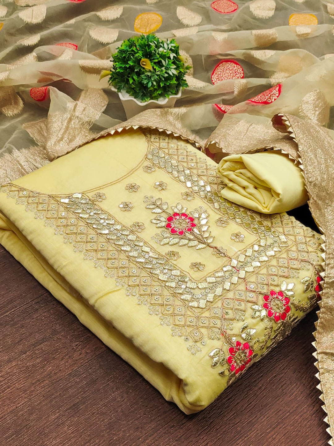 

ZEEPKART Embroidered Unstitched Dress Material, Yellow