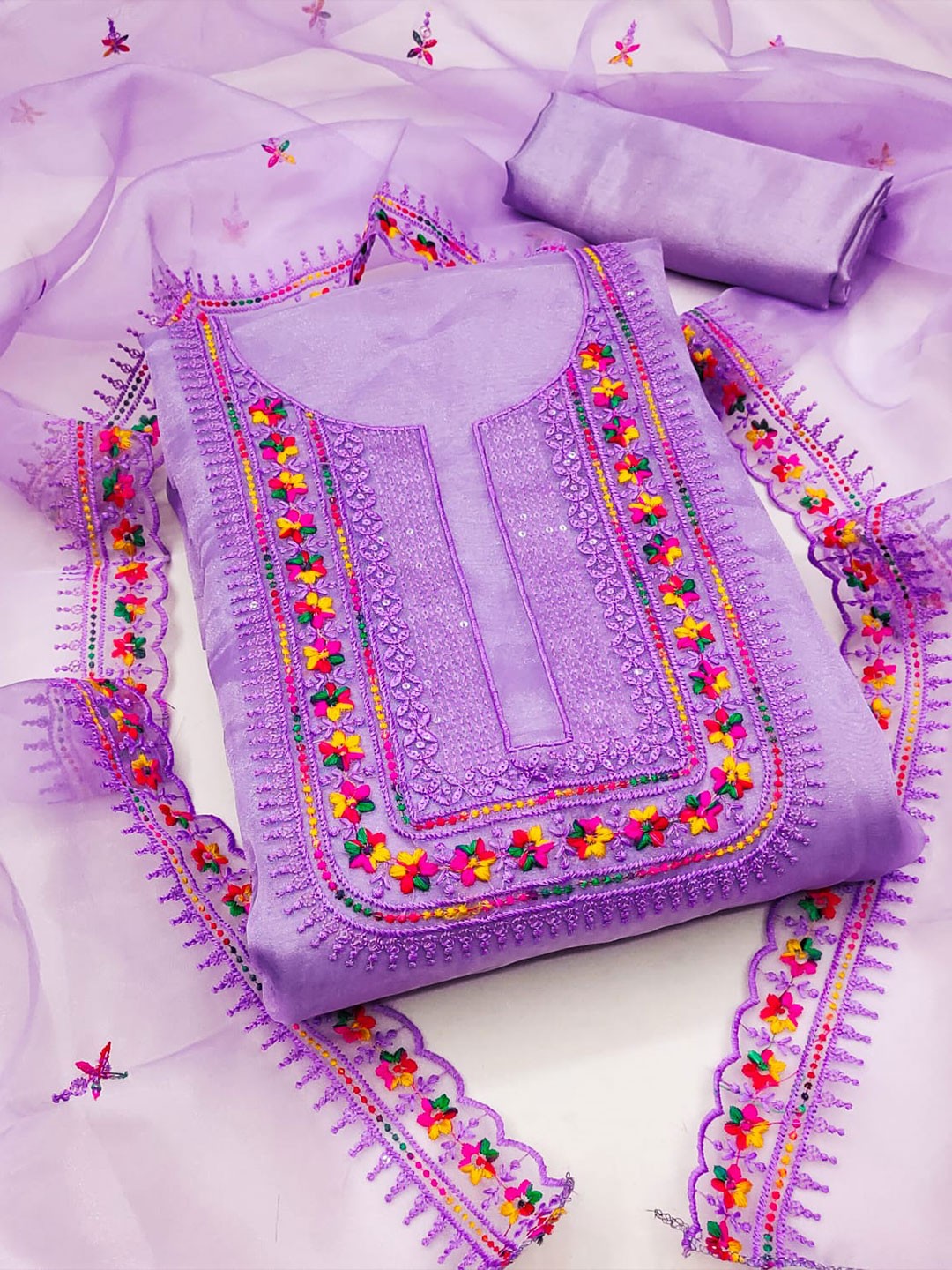 

ZEEPKART Embroidered Organza Unstitched Dress Material, Violet