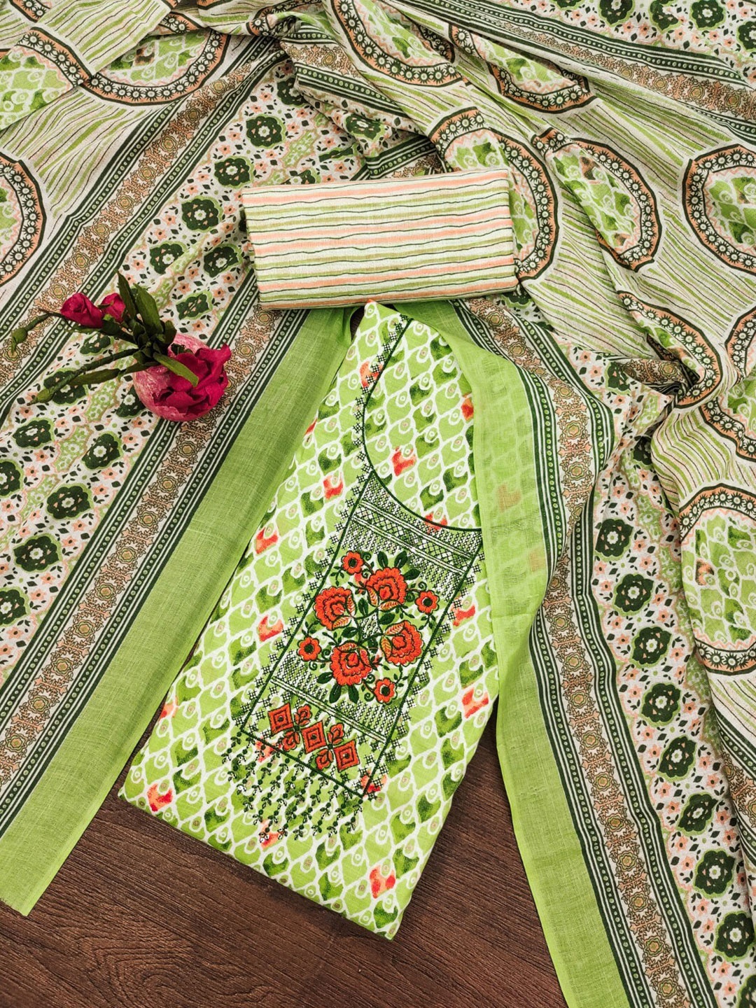 

ZEEPKART Jute Cotton Unstitched Dress Material, Green