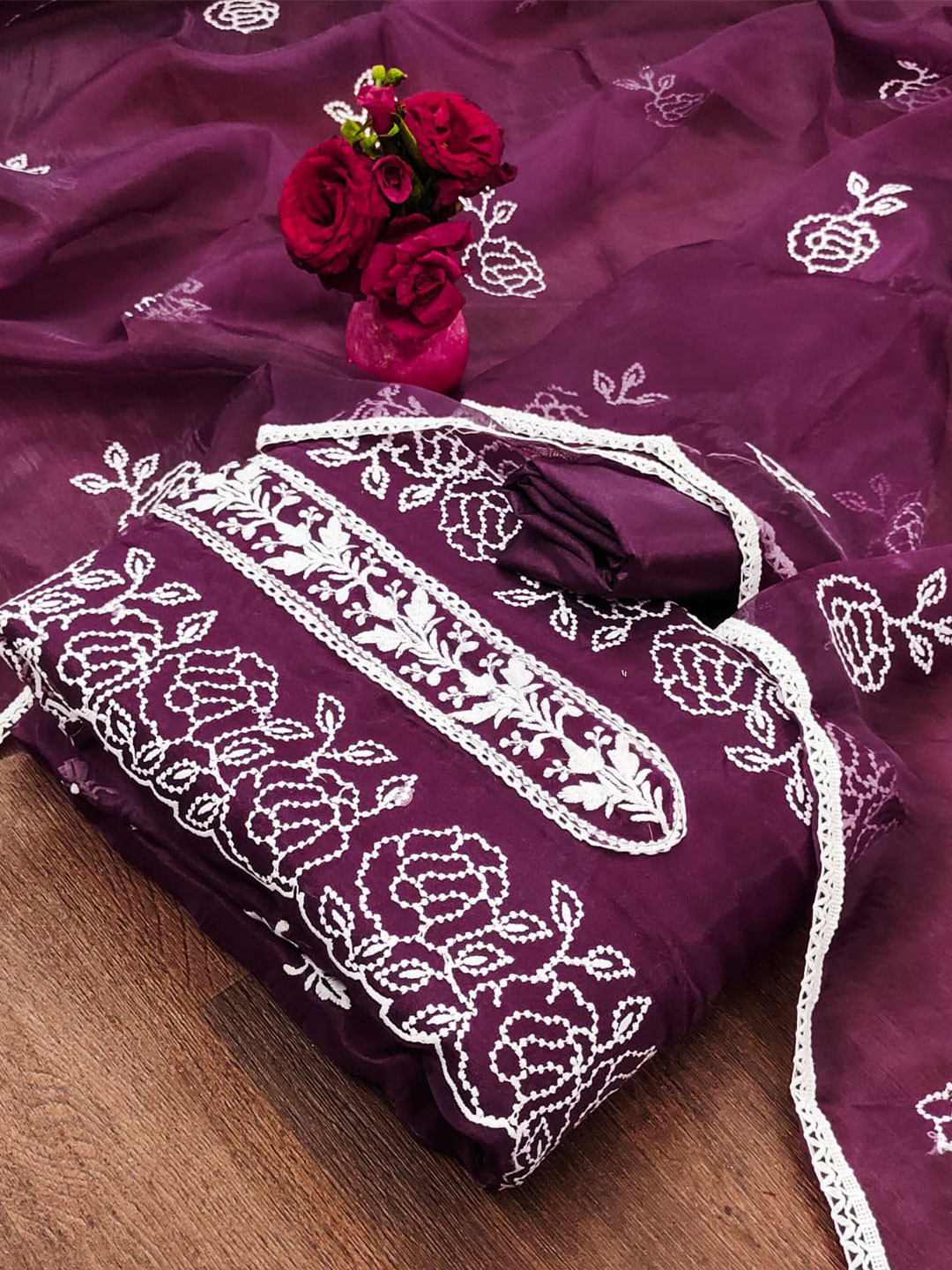 

ZEEPKART Embroidered Organza Unstitched Dress Material, Purple