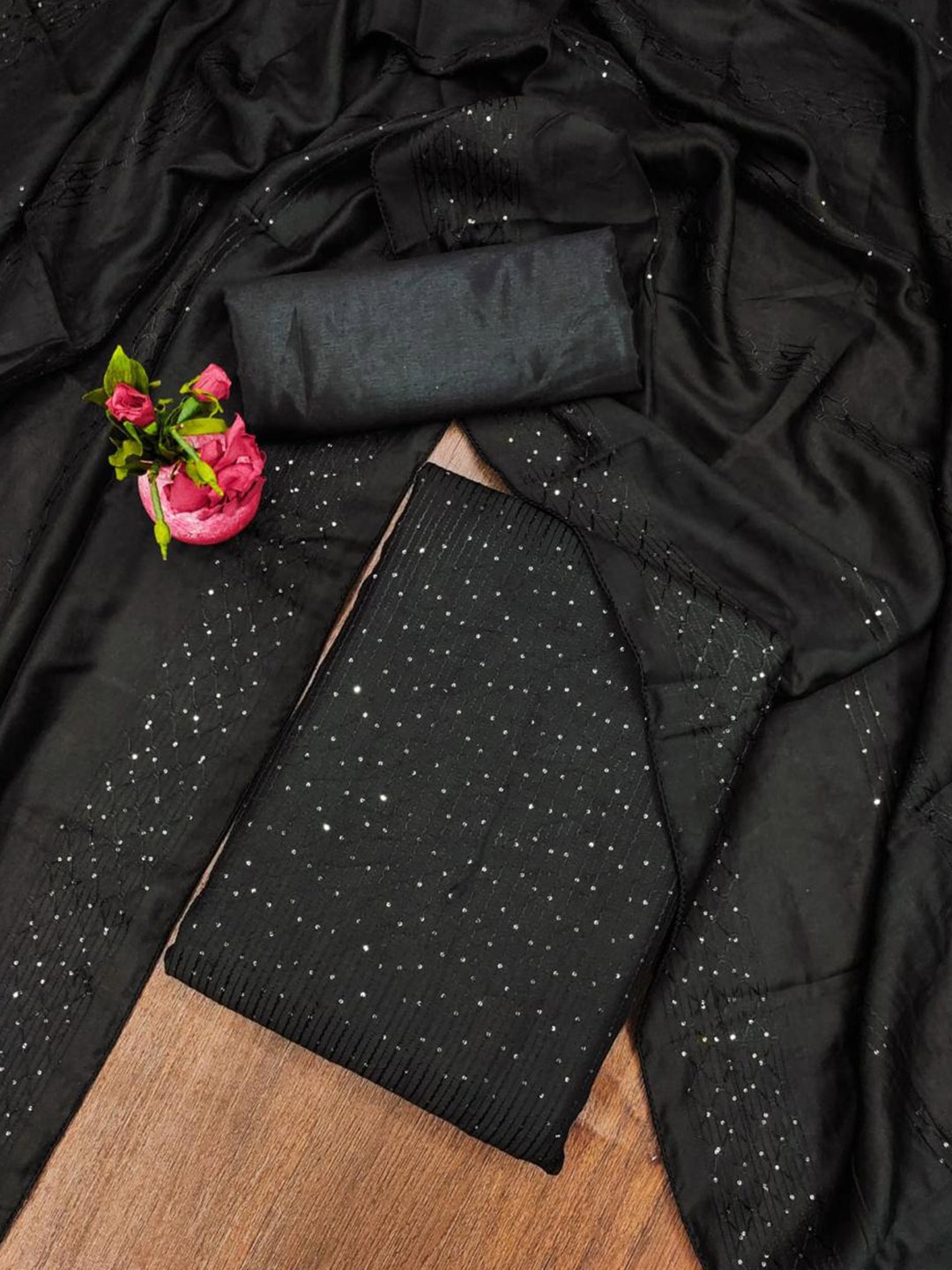 

ZEEPKART Sequined Embellished Unstitched Dress Material, Black