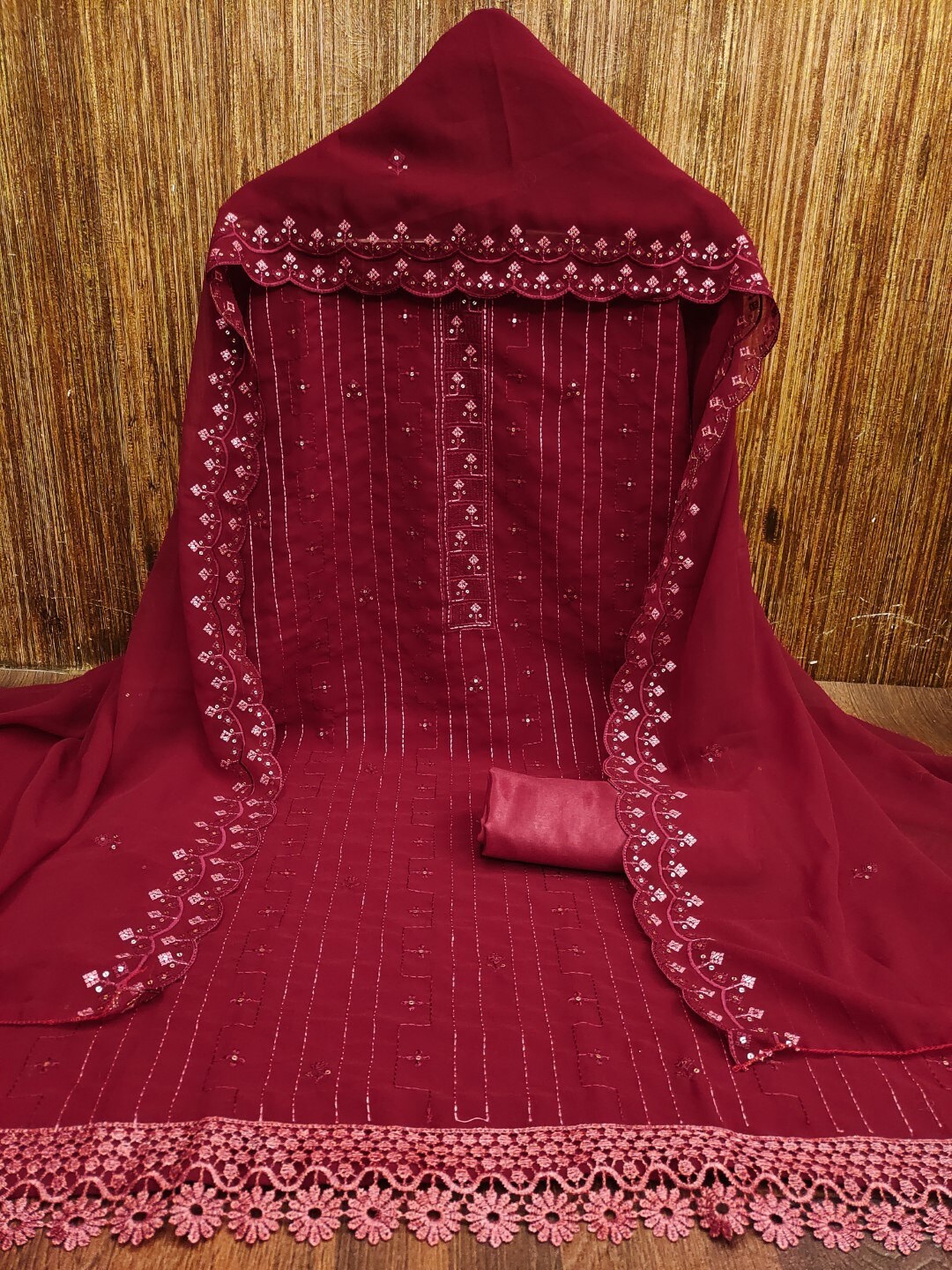 

ZEEPKART Sequinned Embellished Unstitched Dress Material, Red