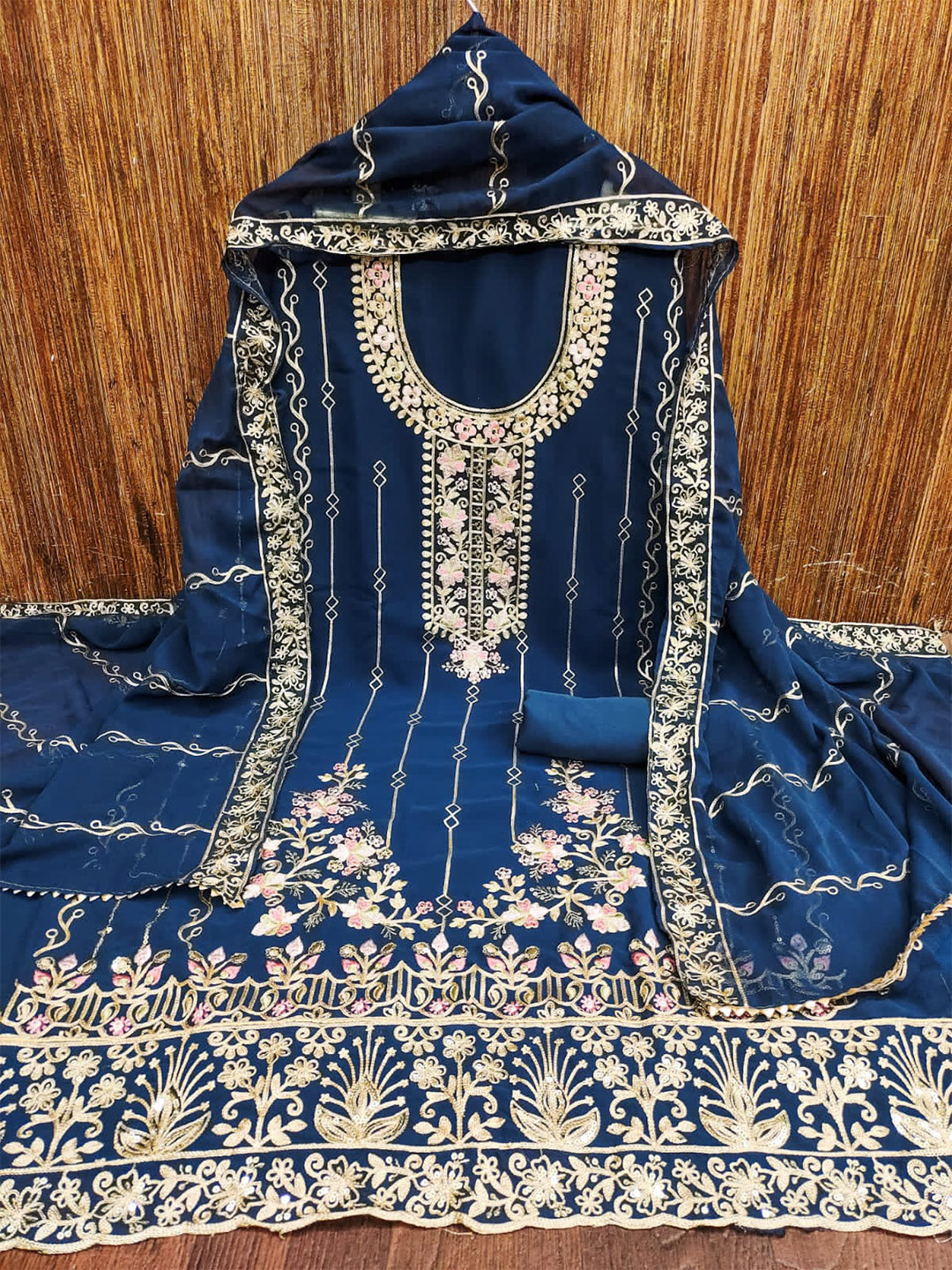 

ZEEPKART Floral Embroidered Unstitched Dress Material, Blue