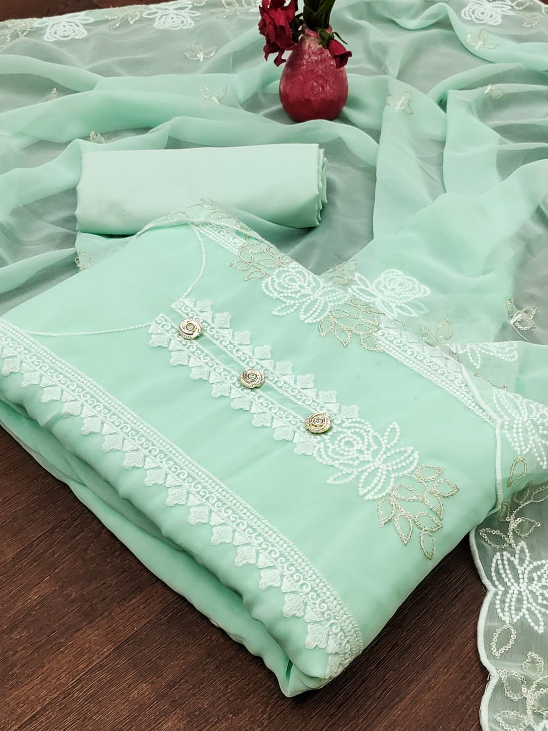 

ZEEPKART Floral Embroidered Unstitched Dress Material, Turquoise blue