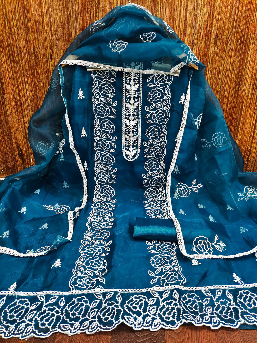 

ZEEPKART Floral Embroidered Organza Unstitched Dress Material, Blue