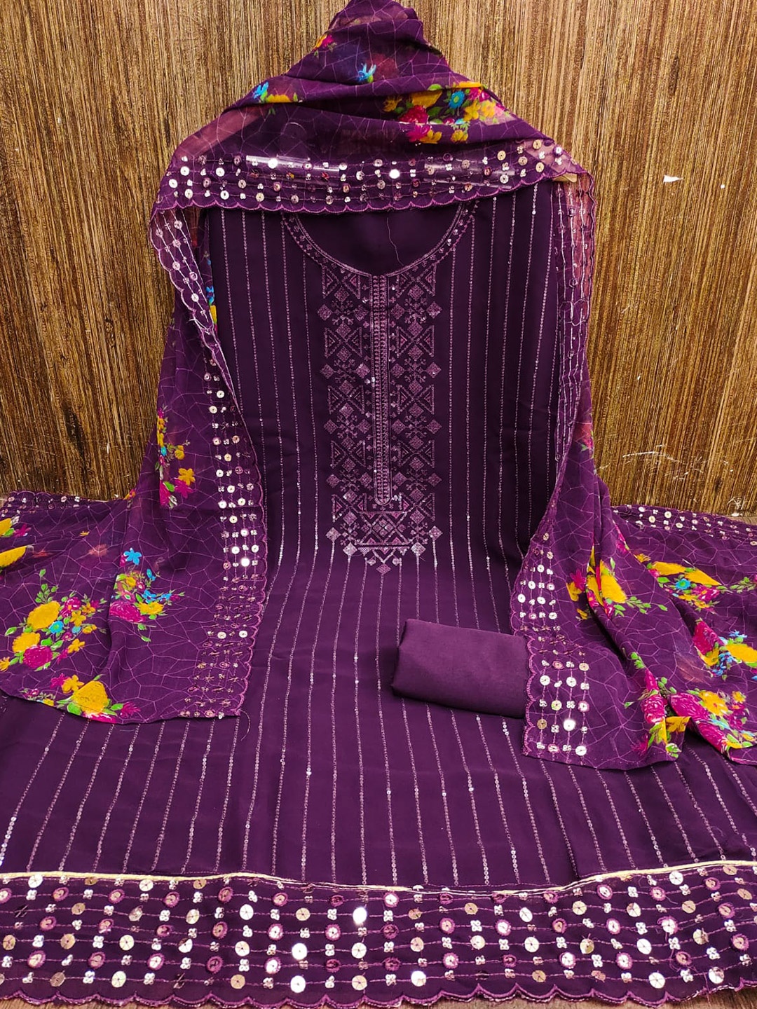 

ZEEPKART Striped Sequined Unstitched Dress Material, Purple