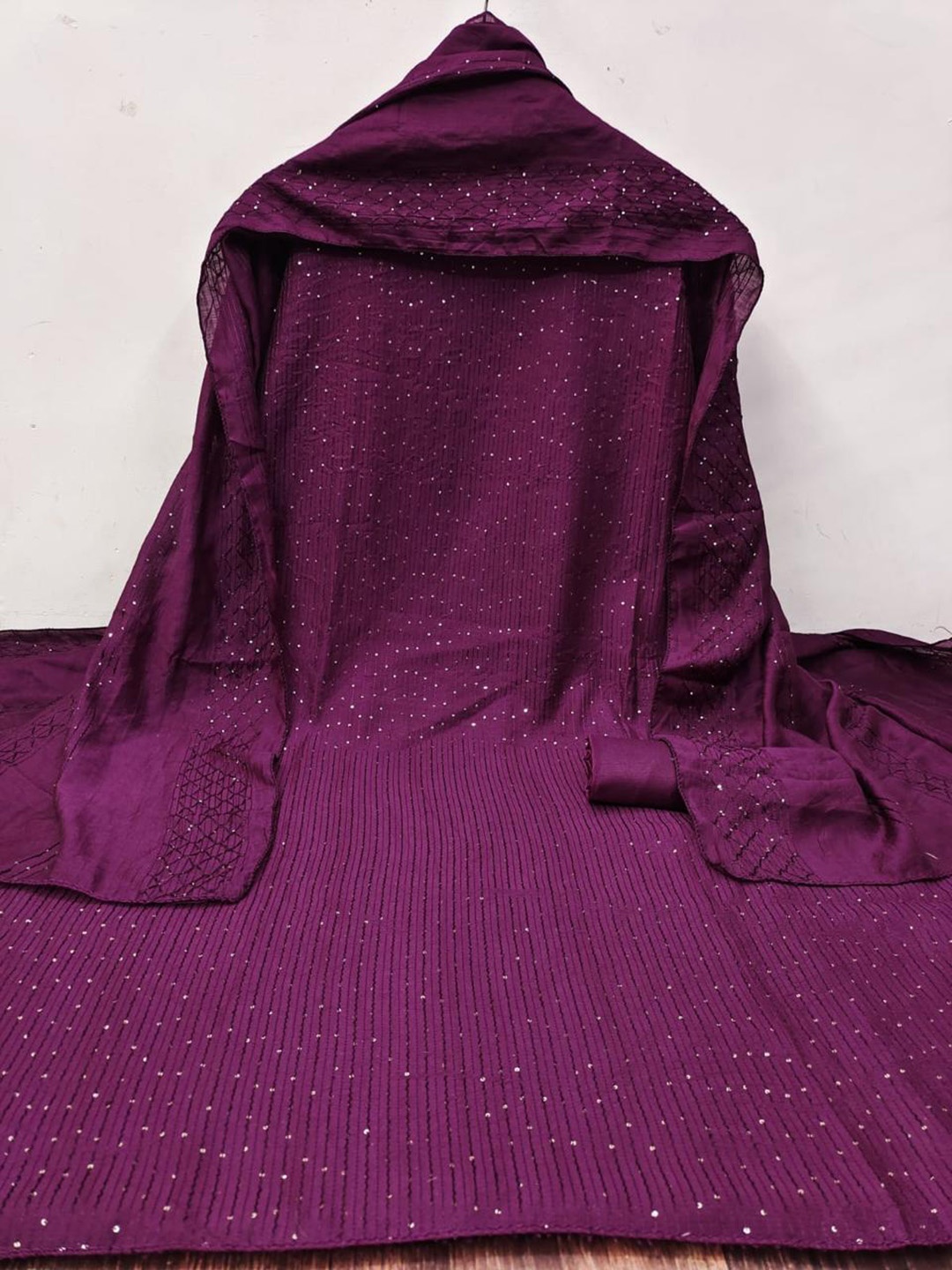

ZEEPKART Striped Sequined Unstitched Dress Material, Purple
