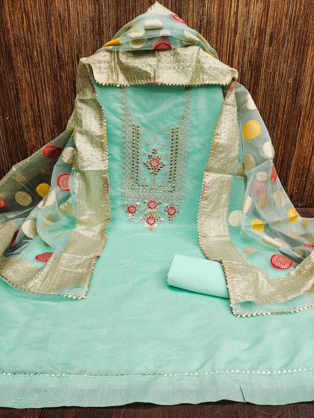 

ZEEPKART Floral Embroidered Gotta Patti Unstitched Dress Material, Turquoise blue