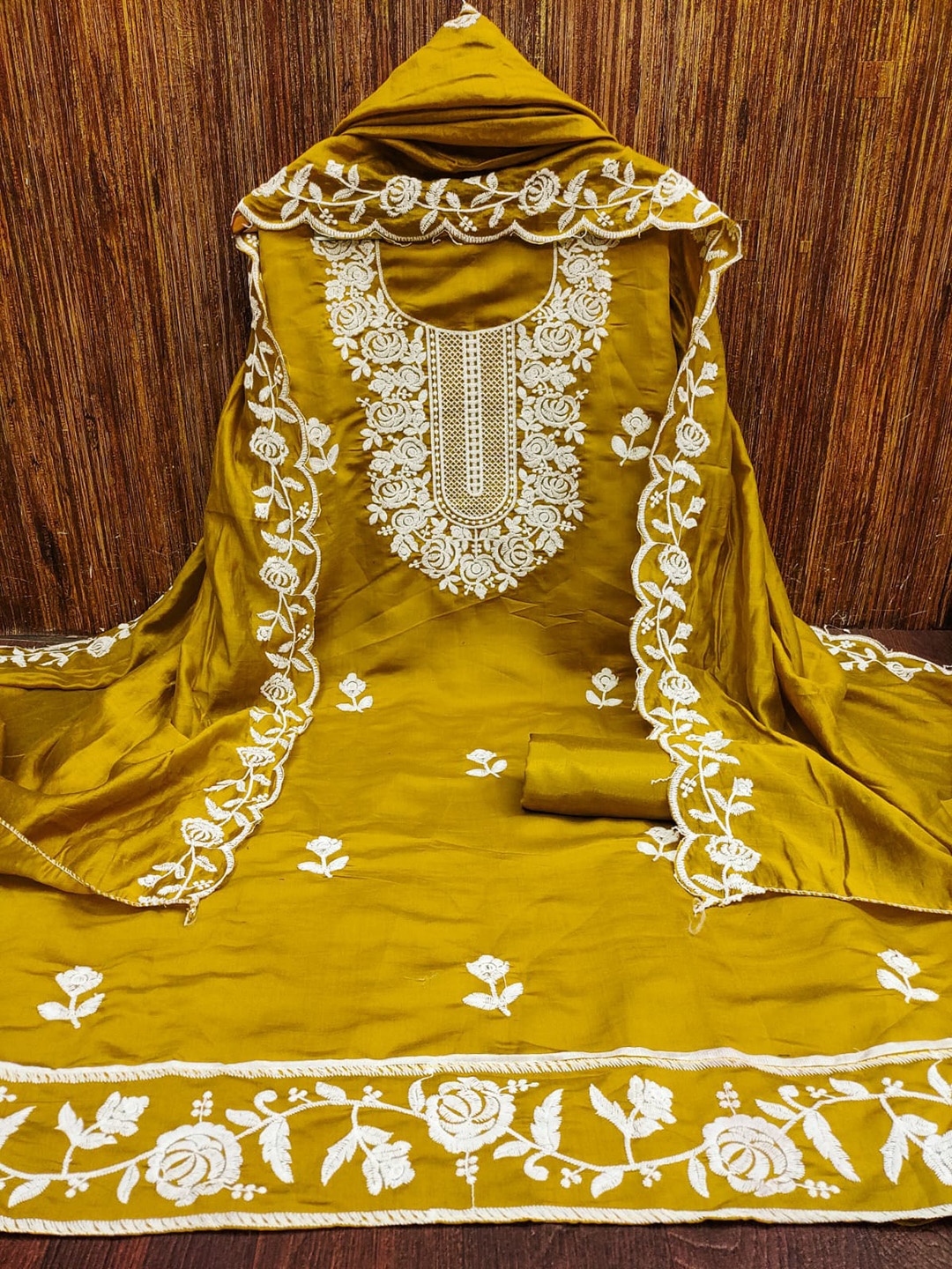 

ZEEPKART Floral Embroidered Unstitched Dress Material, Mustard