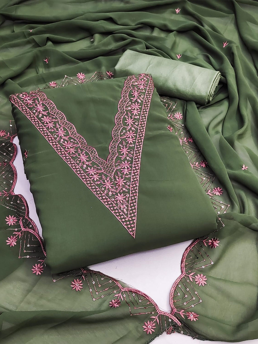 

ZEEPKART Floral EMbroidered Sequinned Unstitched Dress Material, Green