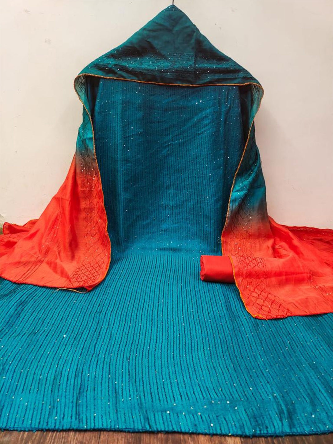 

ZEEPKART Embellished Sequinned Unstitched Dress Material, Teal