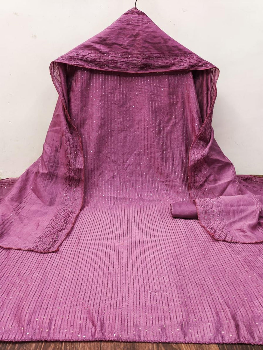 

ZEEPKART Striped Embroidered Sequinned Unstitched Dress Material, Purple