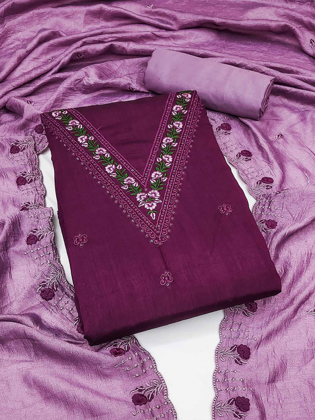 

ZEEPKART Floral Embroidered Sequinned Unstitched Dress Material, Purple