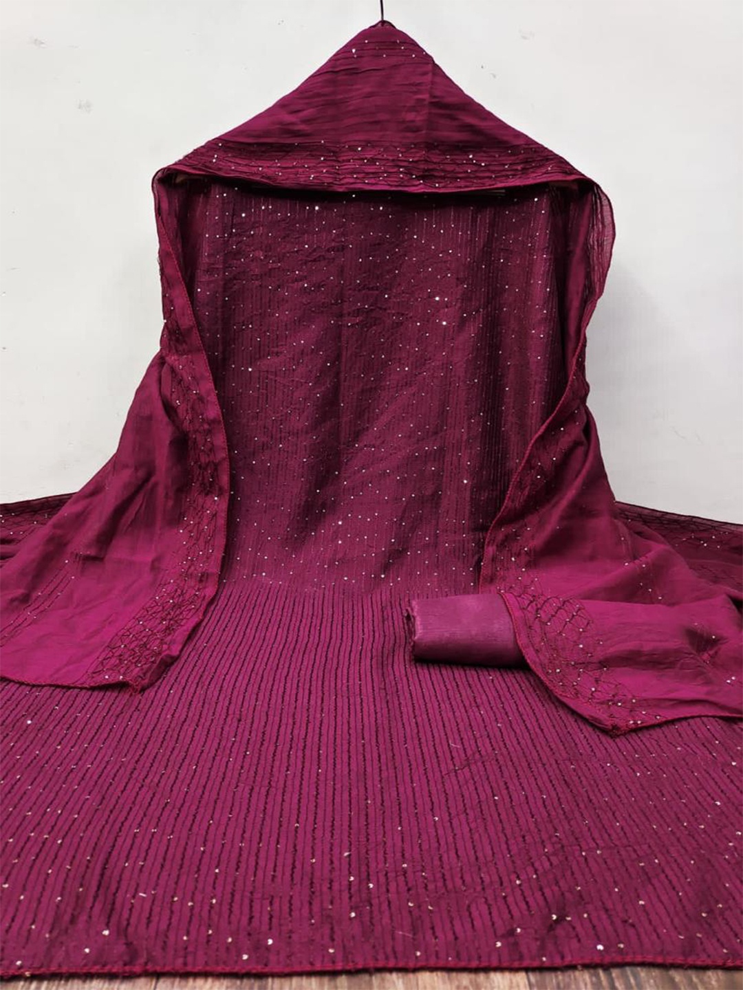 

ZEEPKART Striped Embroidered Sequinned Unstitched Dress Material, Fuchsia