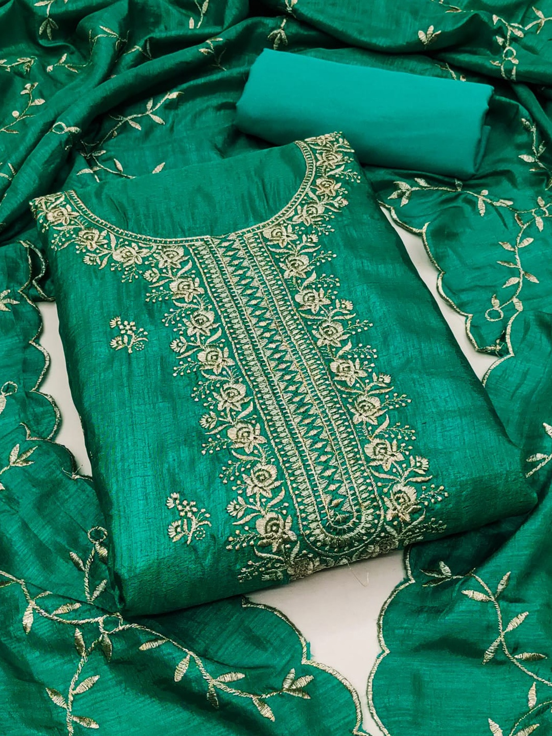 

ZEEPKART Floral Embroidered Zari Unstitched Dress Material, Green