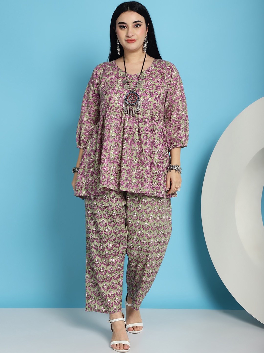 

TAG 7 Plus Size Ethnic Motifs Printed Pure Cotton Pleated A-Line Kurti With Trouser, Green