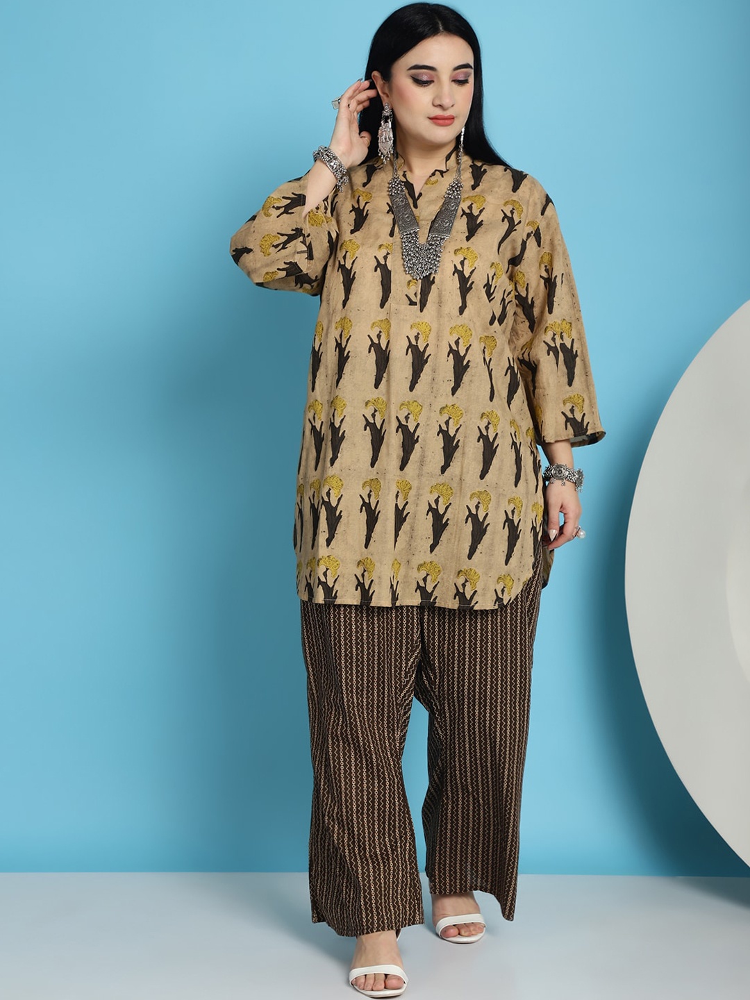 

TAG 7 Plus Size Ethnic Motifs Printed Pure Cotton Kurti with Trouser, Beige
