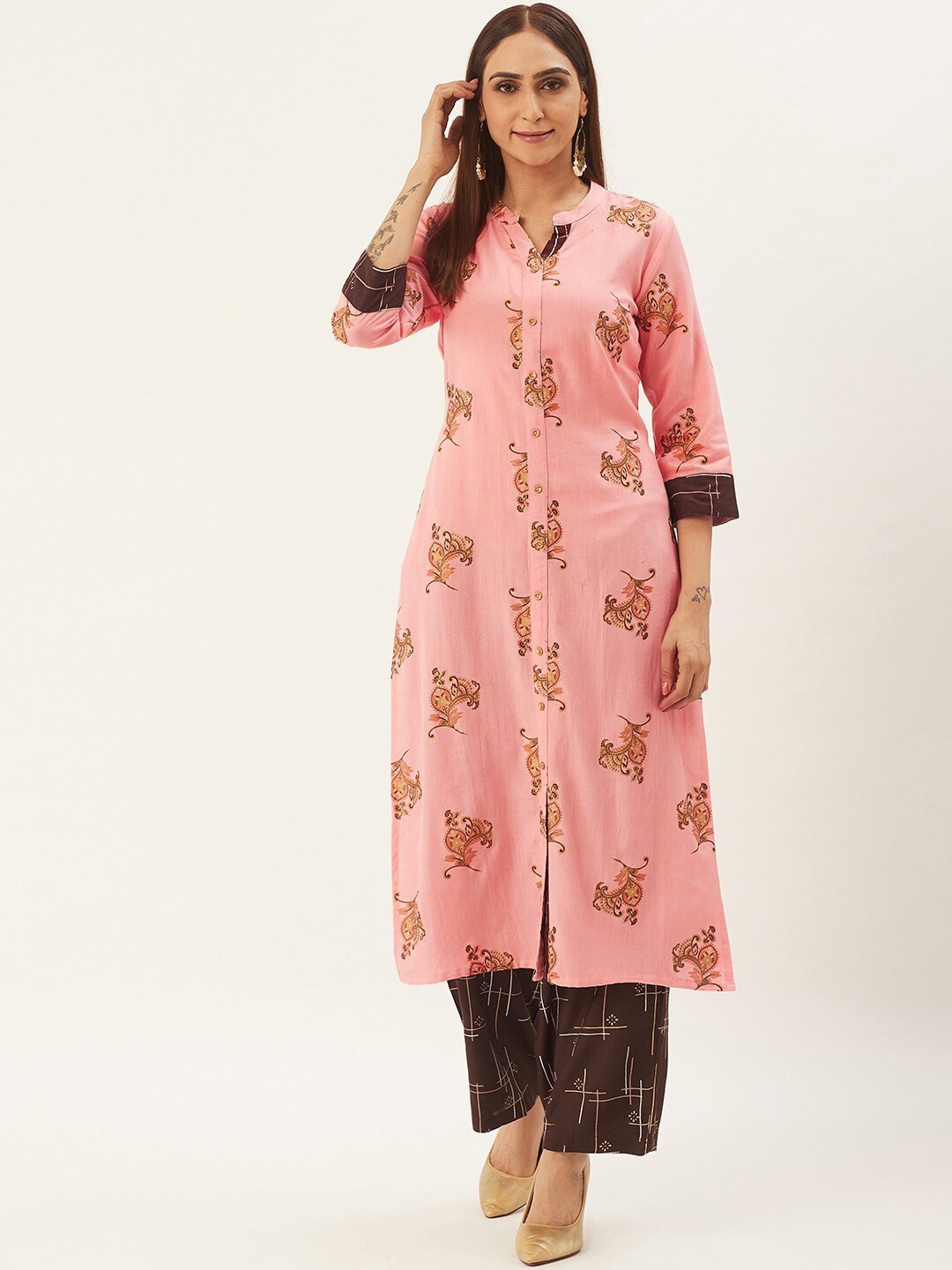 

all about you Ethnic Motifs Printed Regular Mandarin Collar Straight Kurta with Palazzo, Peach